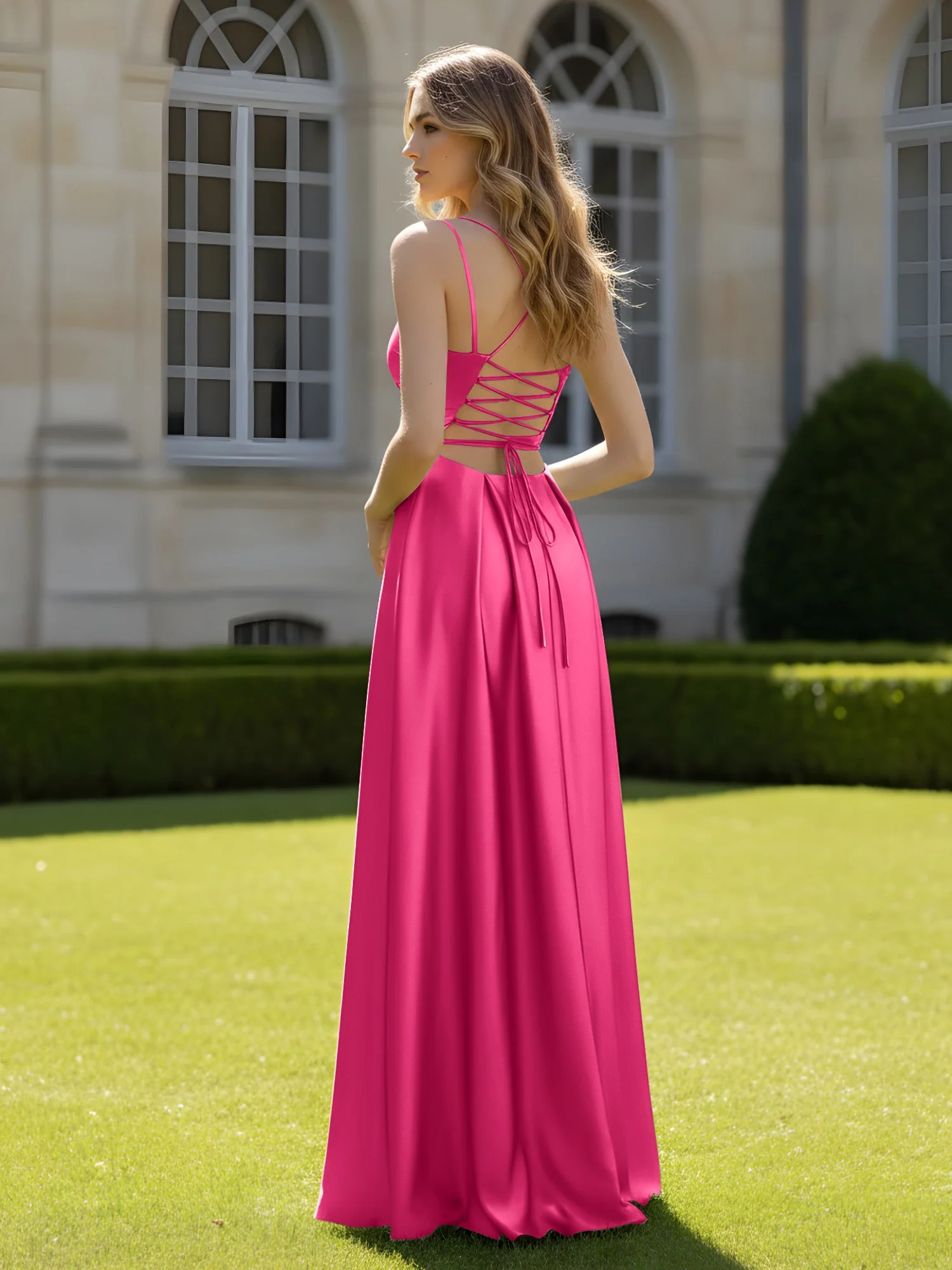 Plissee Herzform Ausschnitt A-Linie Kleid mit Schlitz Fuchsia - Image 2