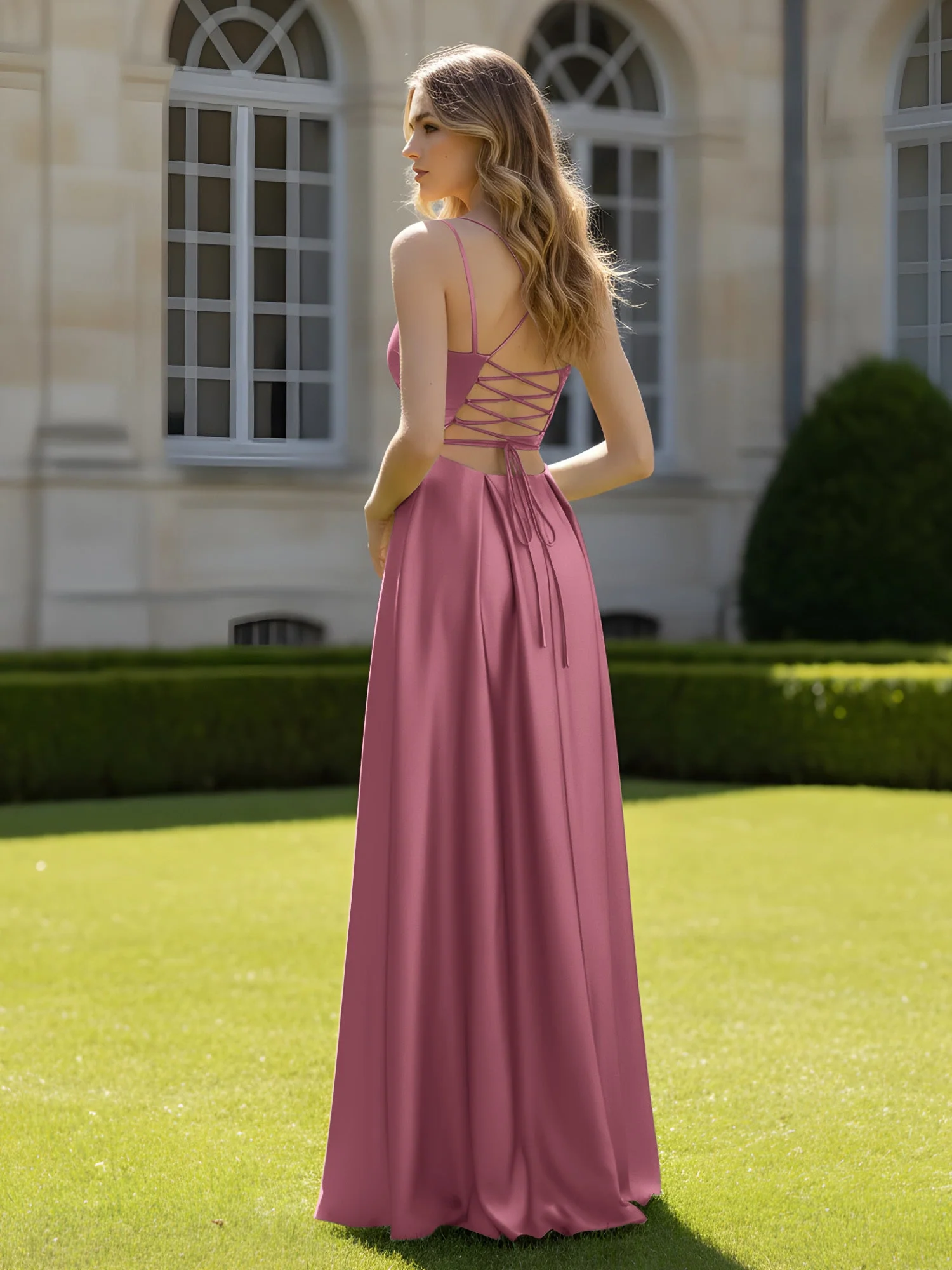 Plissee Herzform Ausschnitt A-Linie Kleid mit Schlitz Maulbeere - Image 2