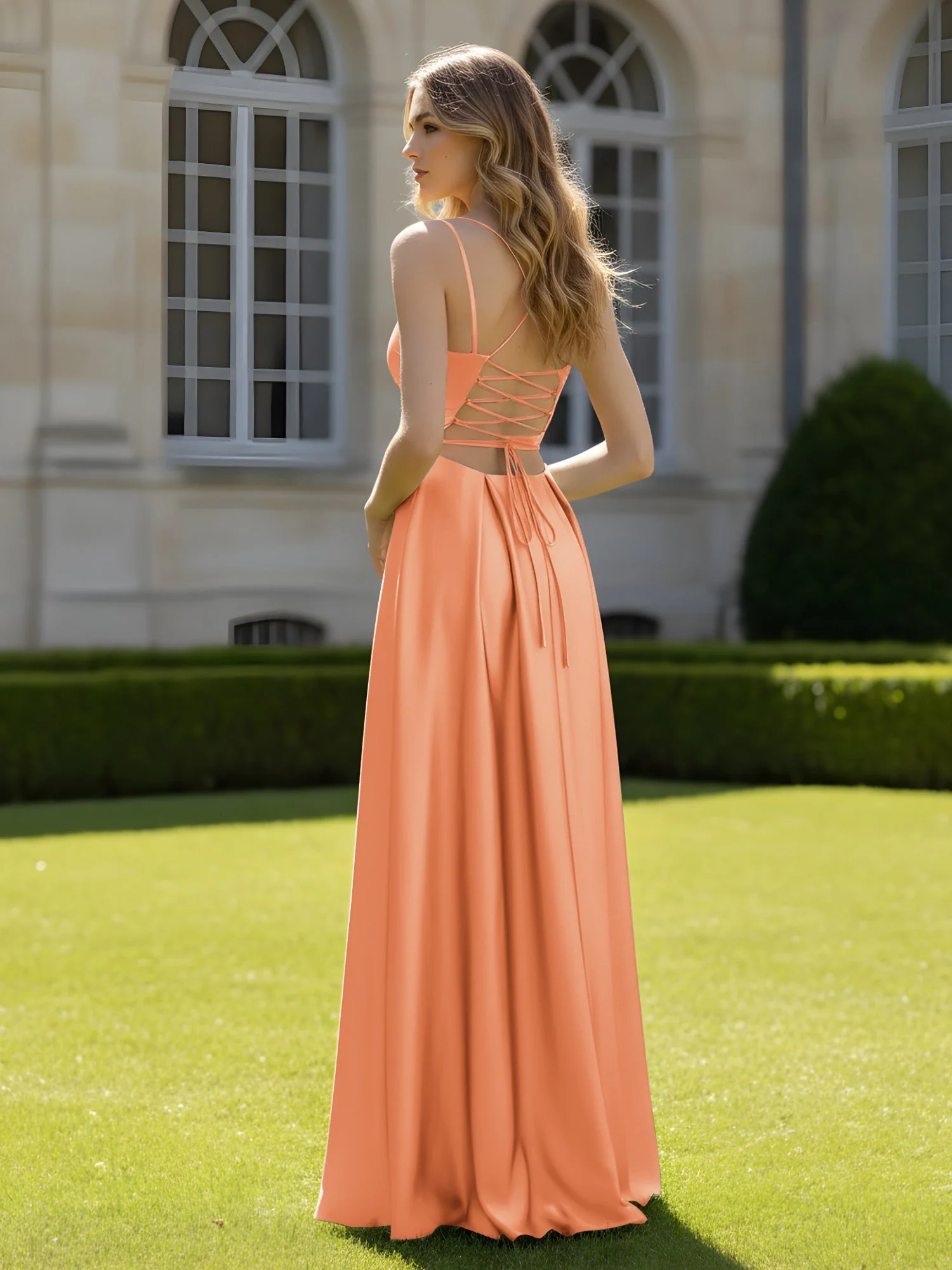 Plissee Herzform Ausschnitt A-Linie Kleid mit Schlitz Papaya - Image 2