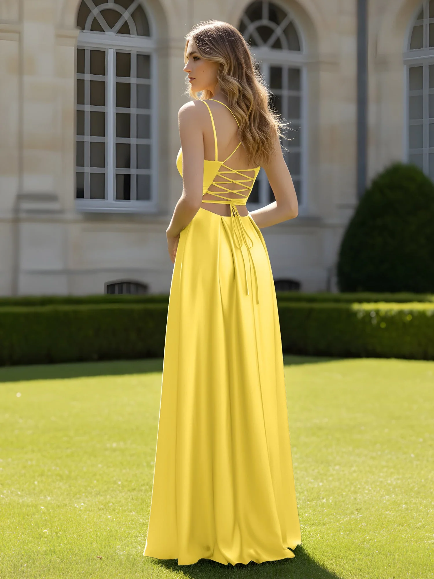 Plissee Herzform Ausschnitt A-Linie Kleid mit Schlitz Ringelblume - Image 2