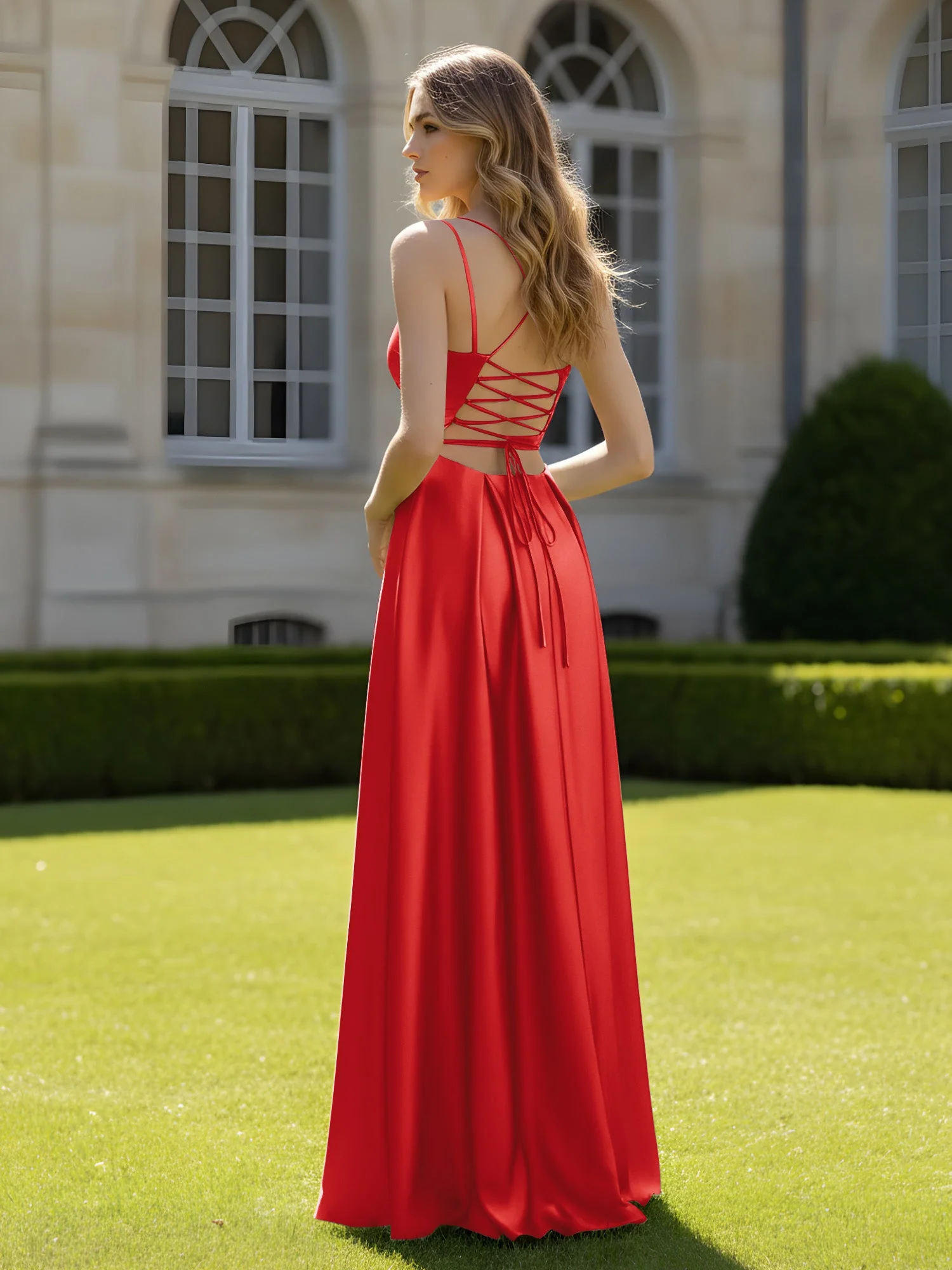 Plissee Herzform Ausschnitt A-Linie Kleid mit Schlitz Rot - Image 2