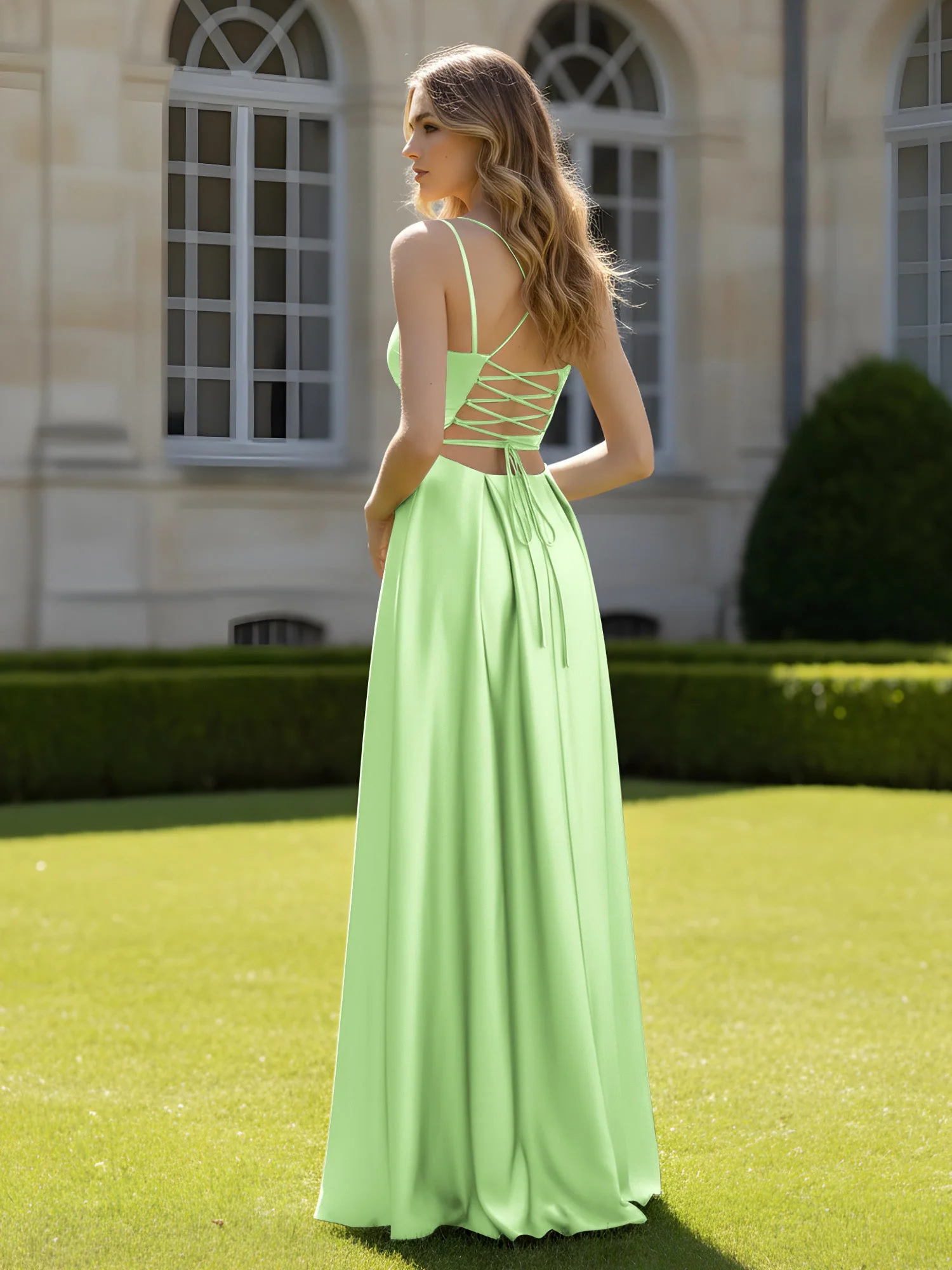 Plissee Herzform Ausschnitt A-Linie Kleid mit Schlitz Salbei - Image 2