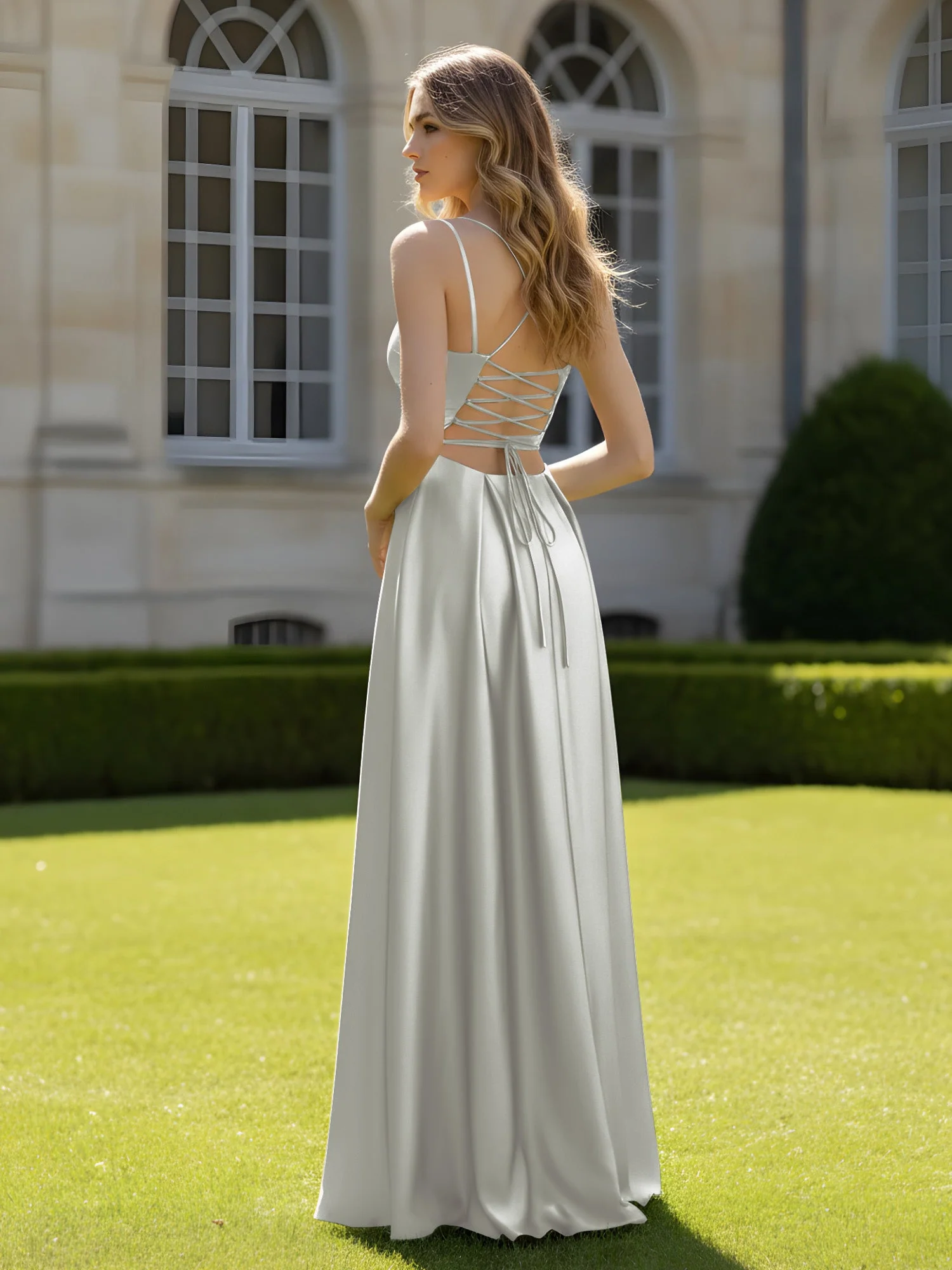 Plissee Herzform Ausschnitt A-Linie Kleid mit Schlitz Silber - Image 2
