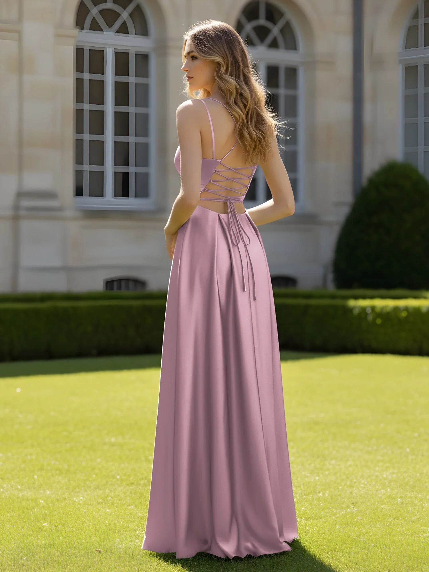 Plissee Herzform Ausschnitt A-Linie Kleid mit Schlitz Vintage Mauve - Image 2