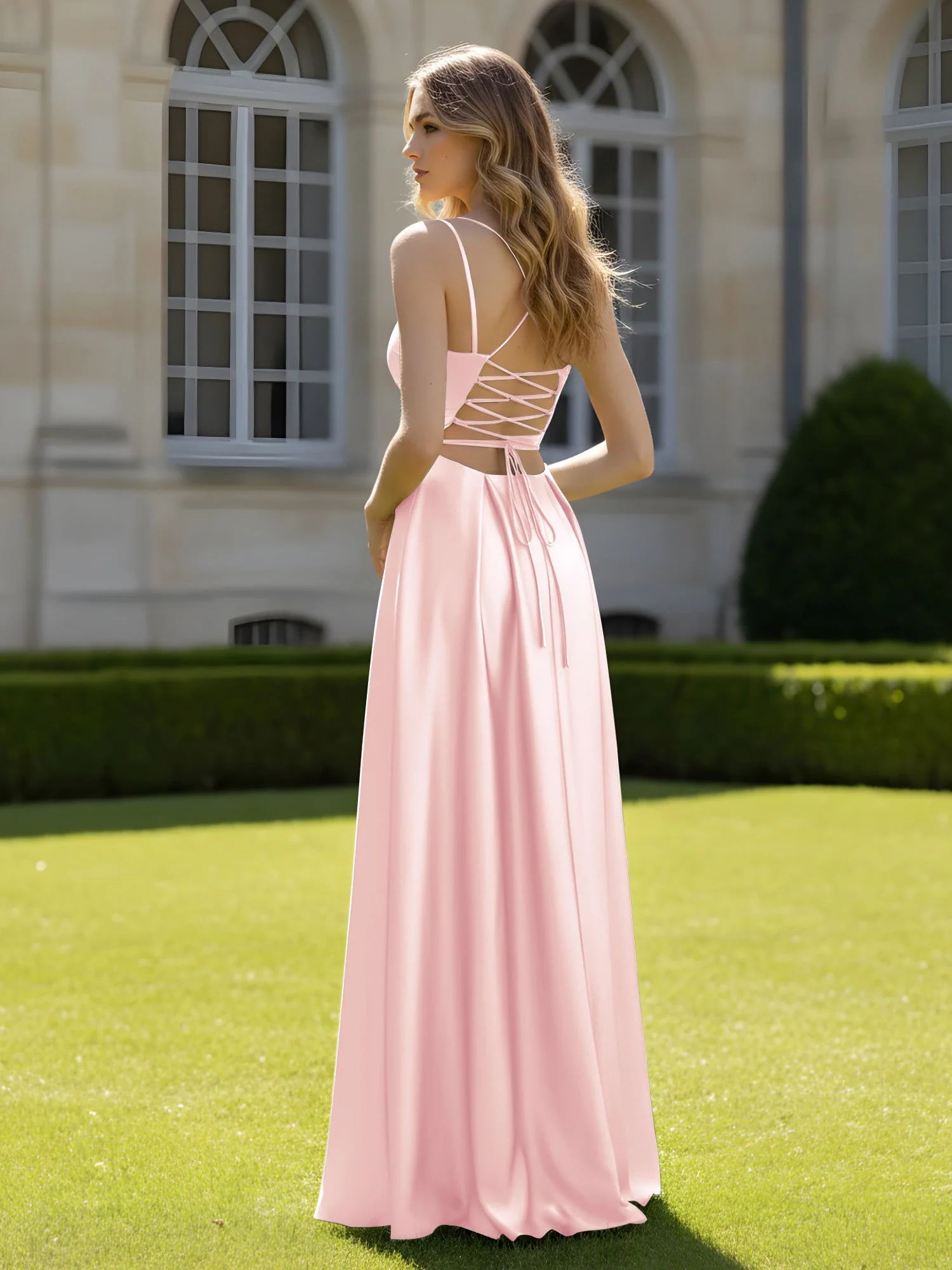 Plissee Herzform Ausschnitt A-Linie Kleid mit Schlitz Zartrosa - Image 2