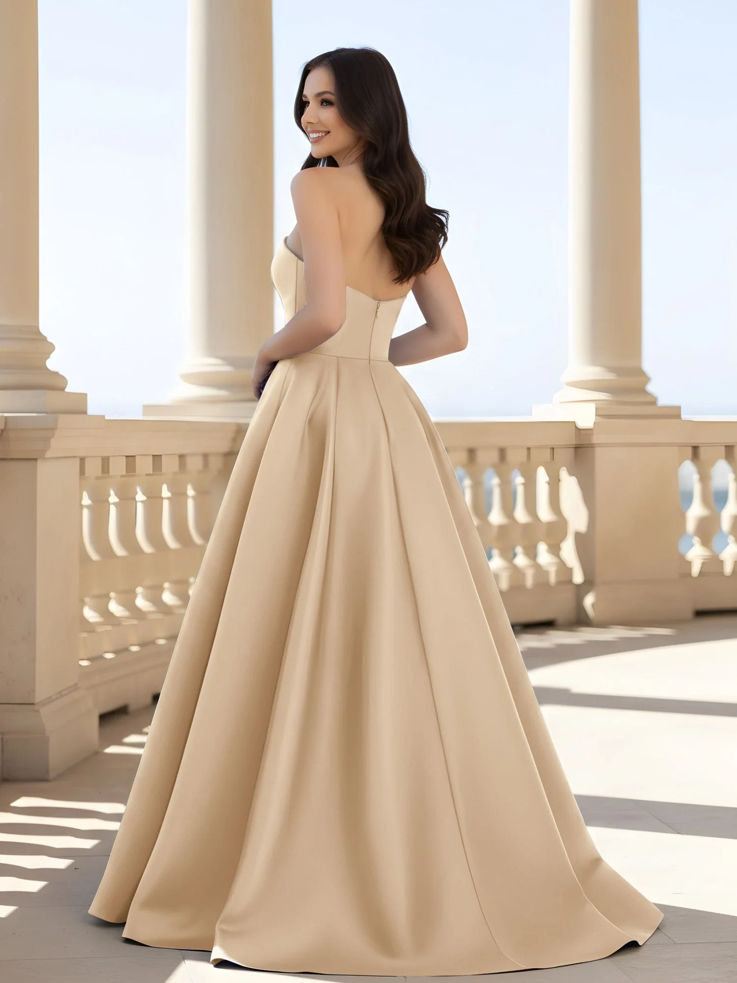 Plissee Trägerlos A-Linie Lang Kleid mit Schlitz Champagner - Image 2