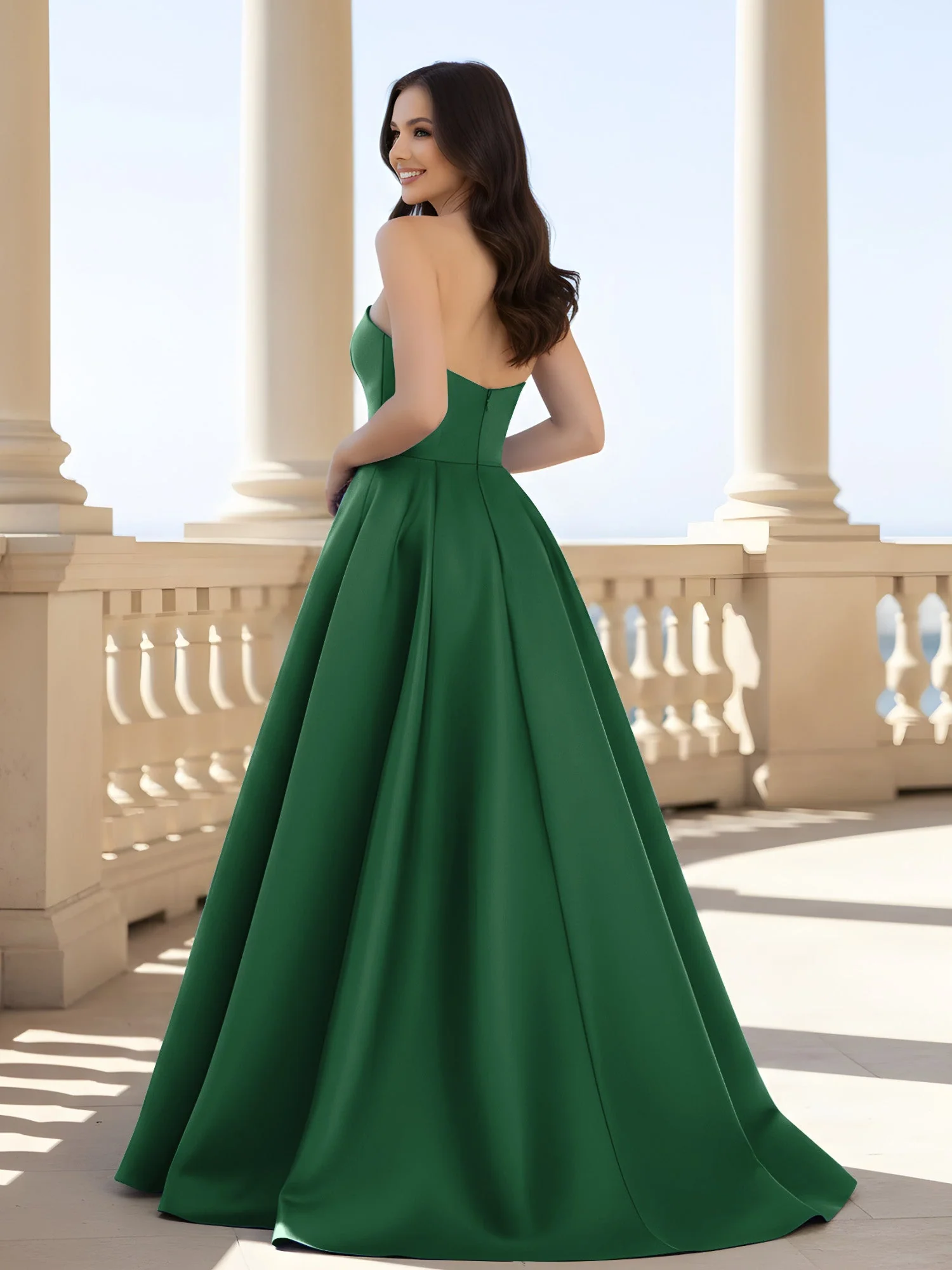 Plissee Trägerlos A-Linie Lang Kleid mit Schlitz Dunkelgrün - Image 2