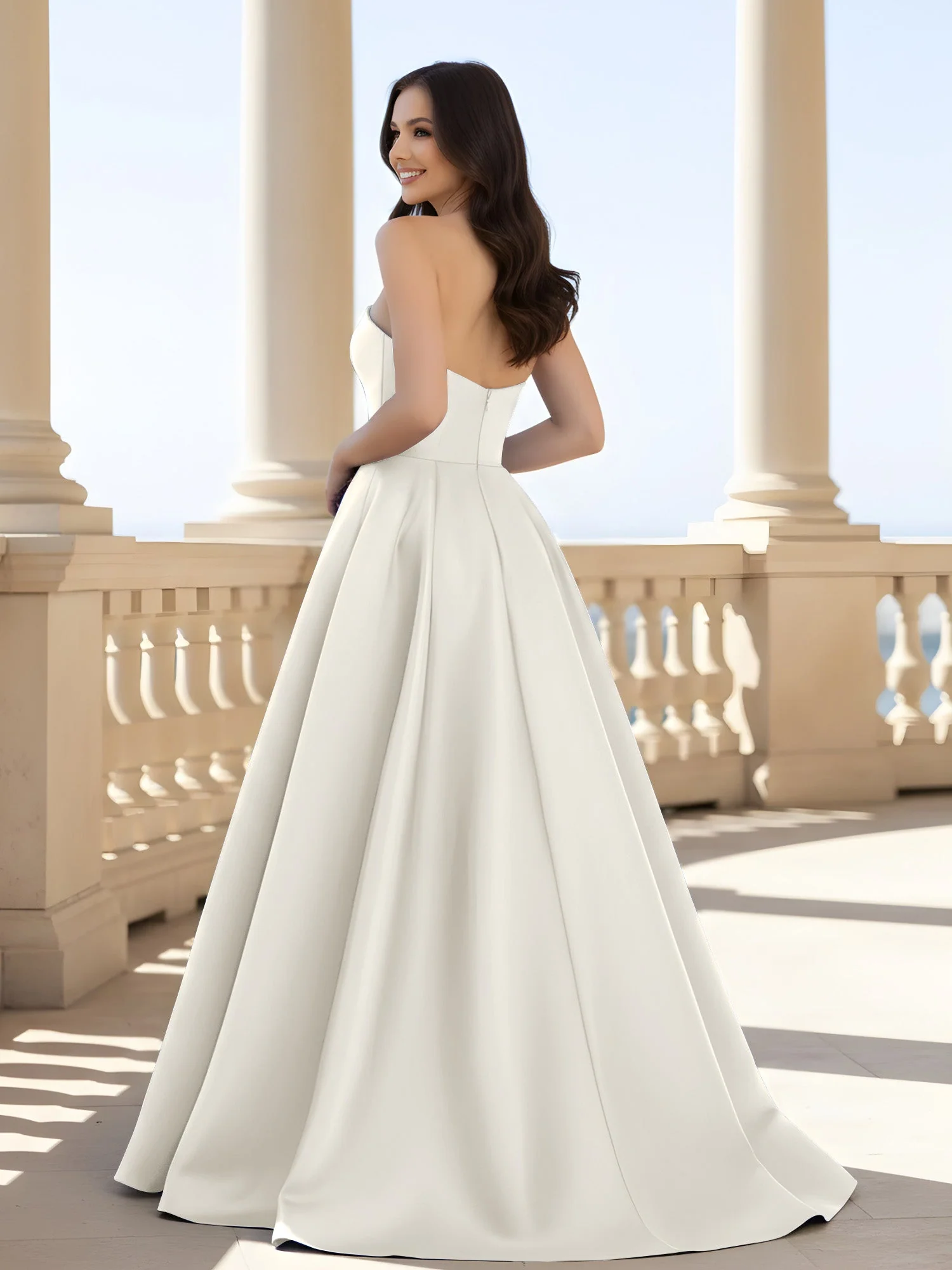 Plissee Trägerlos A-Linie Lang Kleid mit Schlitz Elfenbein - Image 2