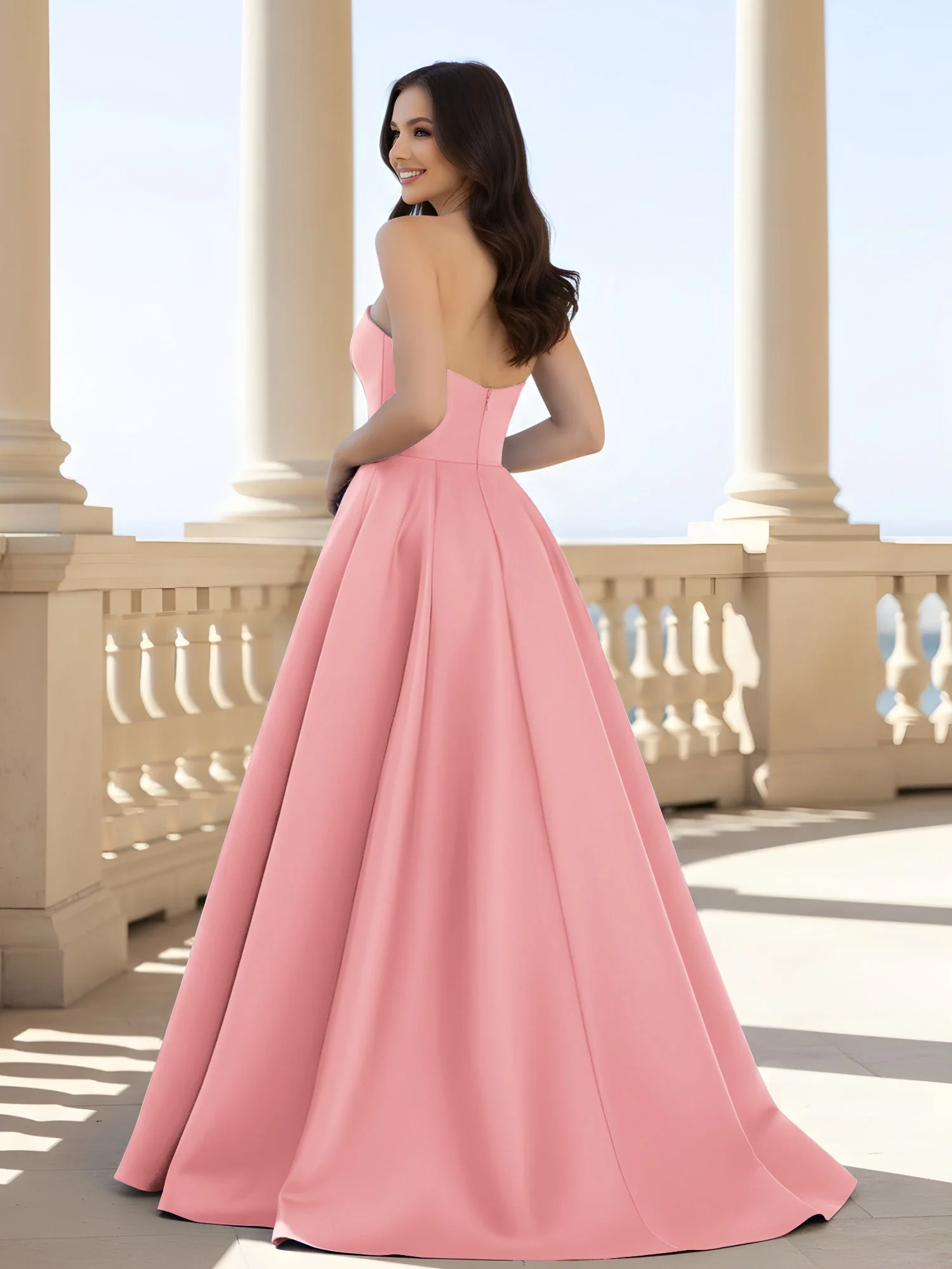 Plissee Trägerlos A-Linie Lang Kleid mit Schlitz Flamingo - Image 2