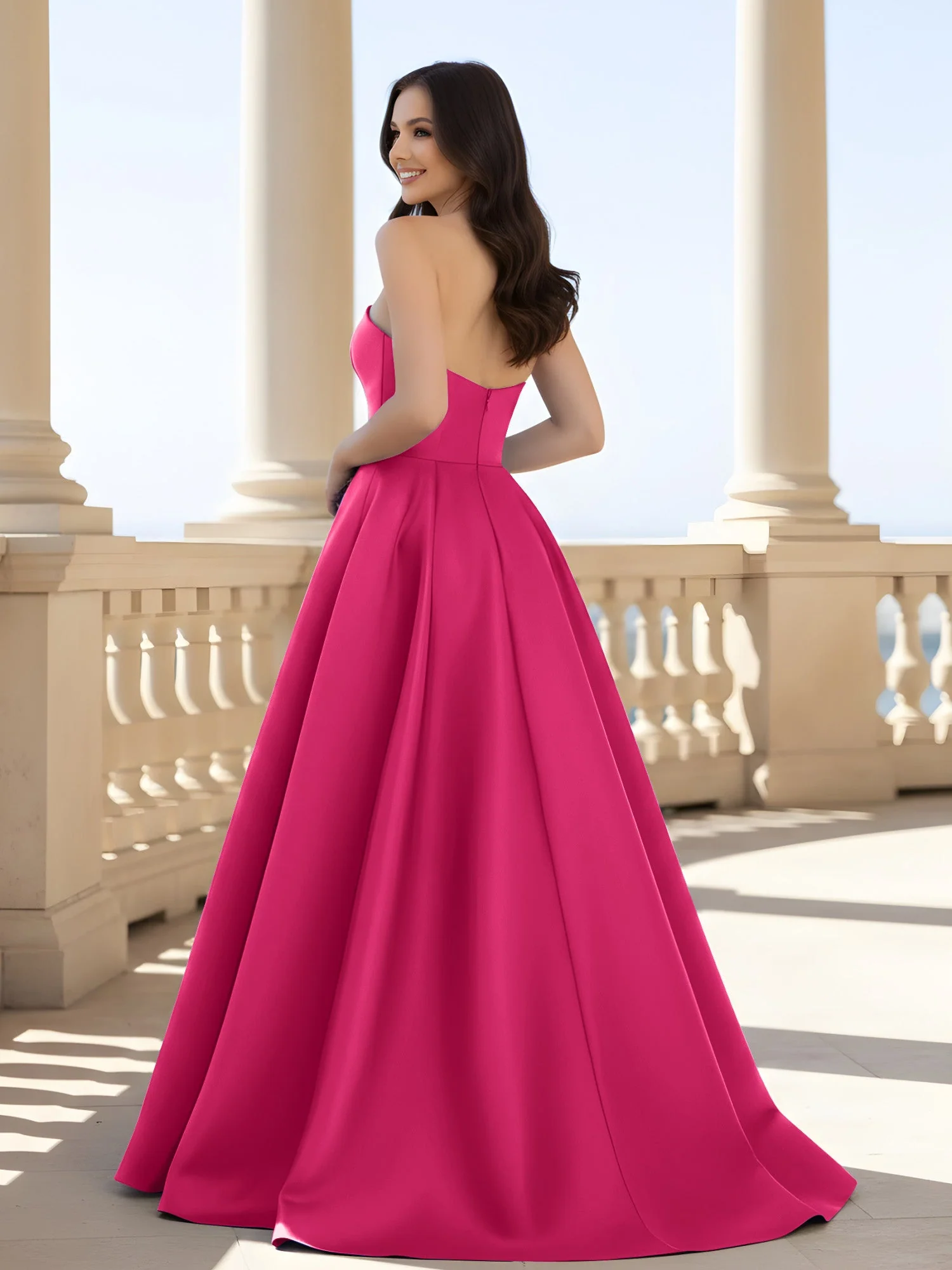 Plissee Trägerlos A-Linie Lang Kleid mit Schlitz Fuchsia - Image 2