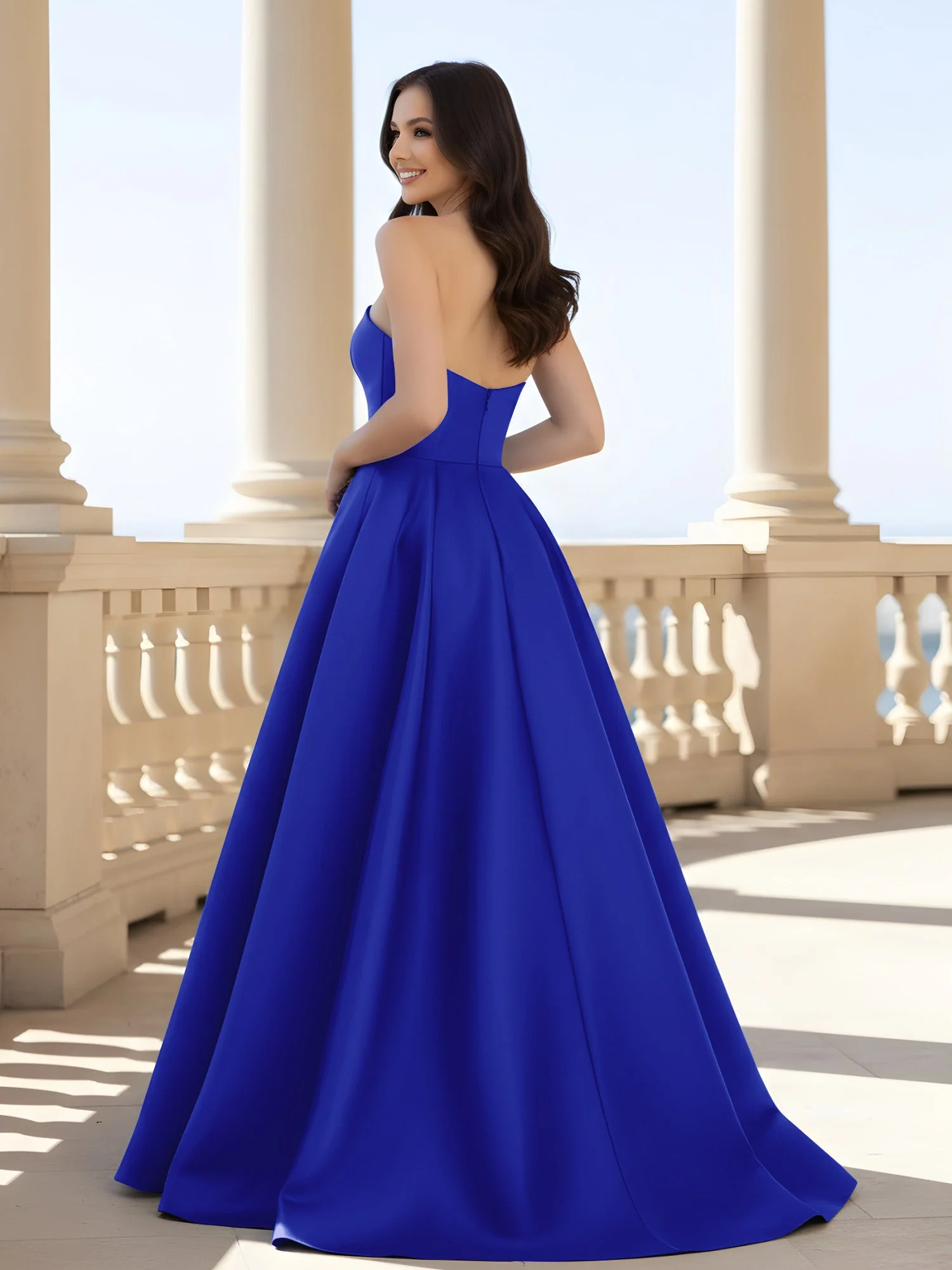 Plissee Trägerlos A-Linie Lang Kleid mit Schlitz Königsblau - Image 2