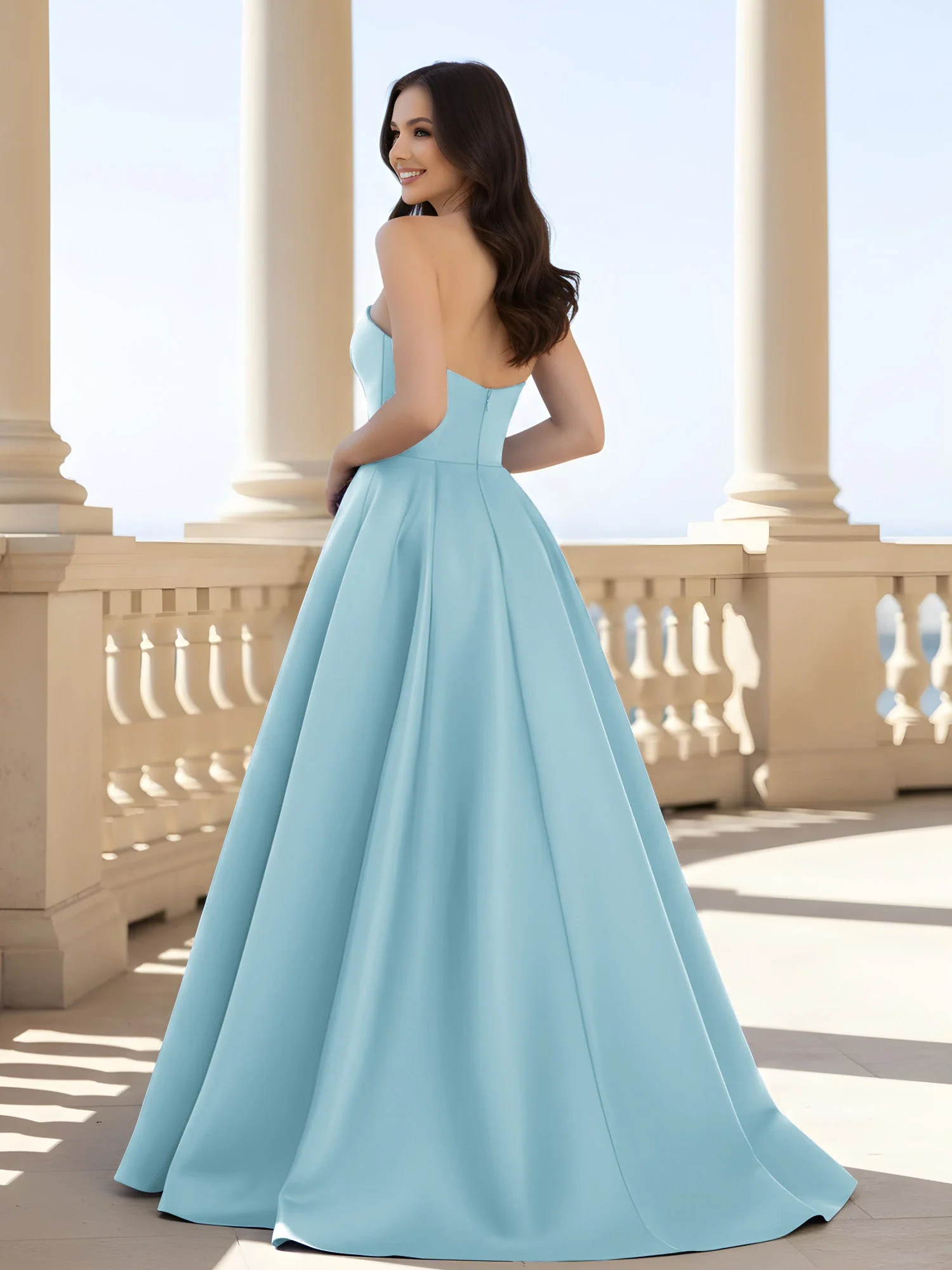 Plissee Trägerlos A-Linie Lang Kleid mit Schlitz Nebel - Image 2