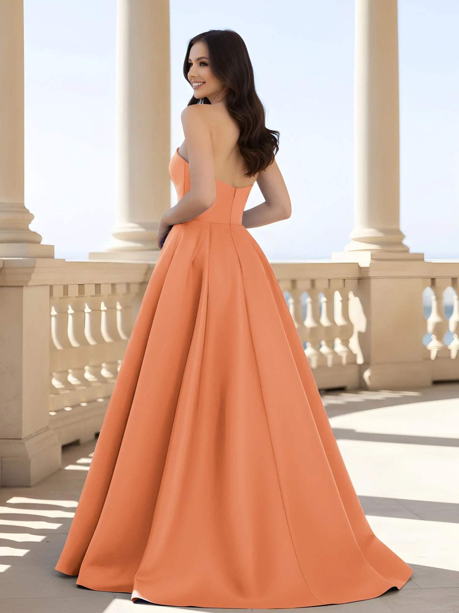 Plissee Trägerlos A-Linie Lang Kleid mit Schlitz Papaya - Image 2