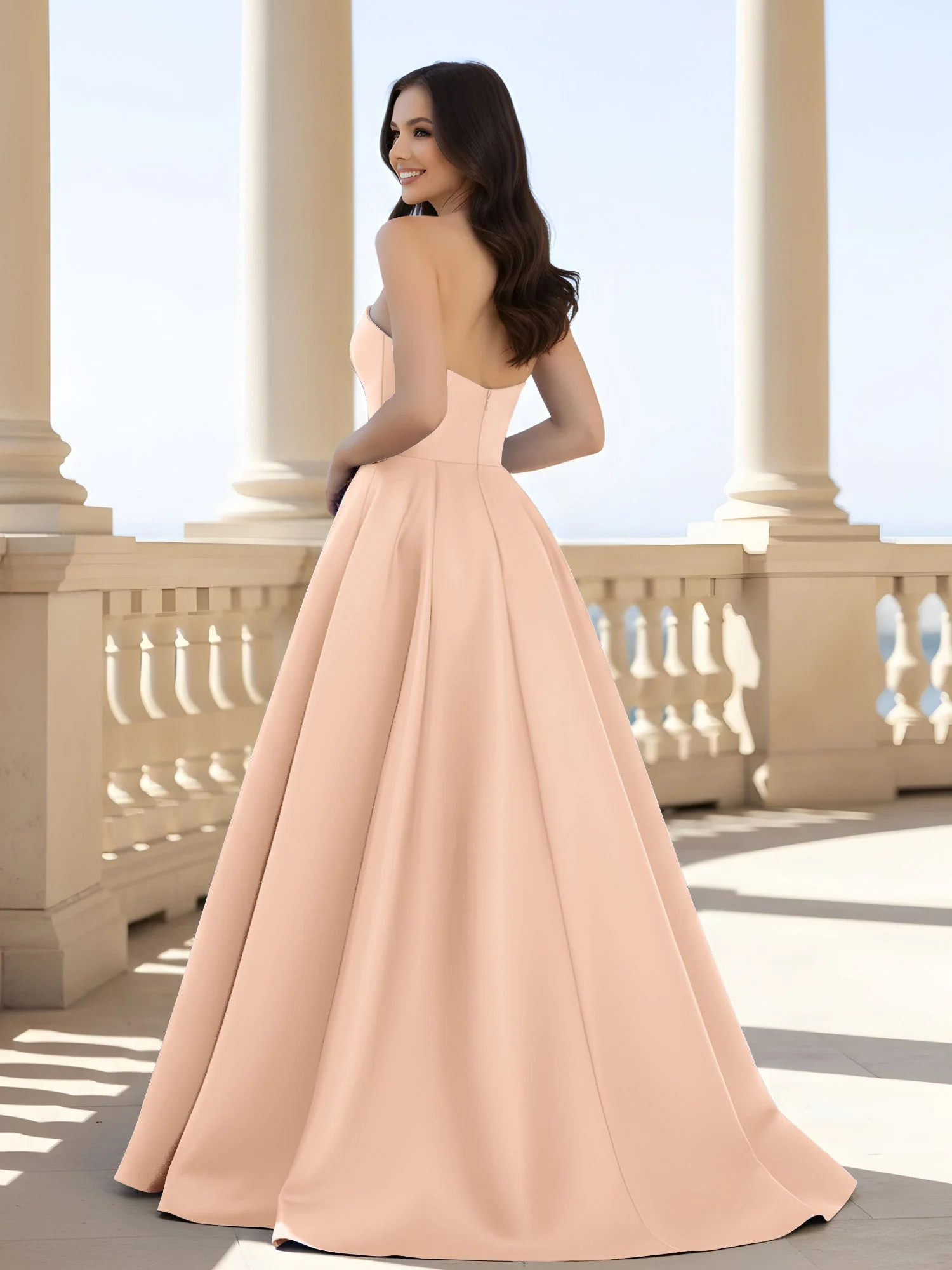 Plissee Trägerlos A-Linie Lang Kleid mit Schlitz Pfirsich - Image 2
