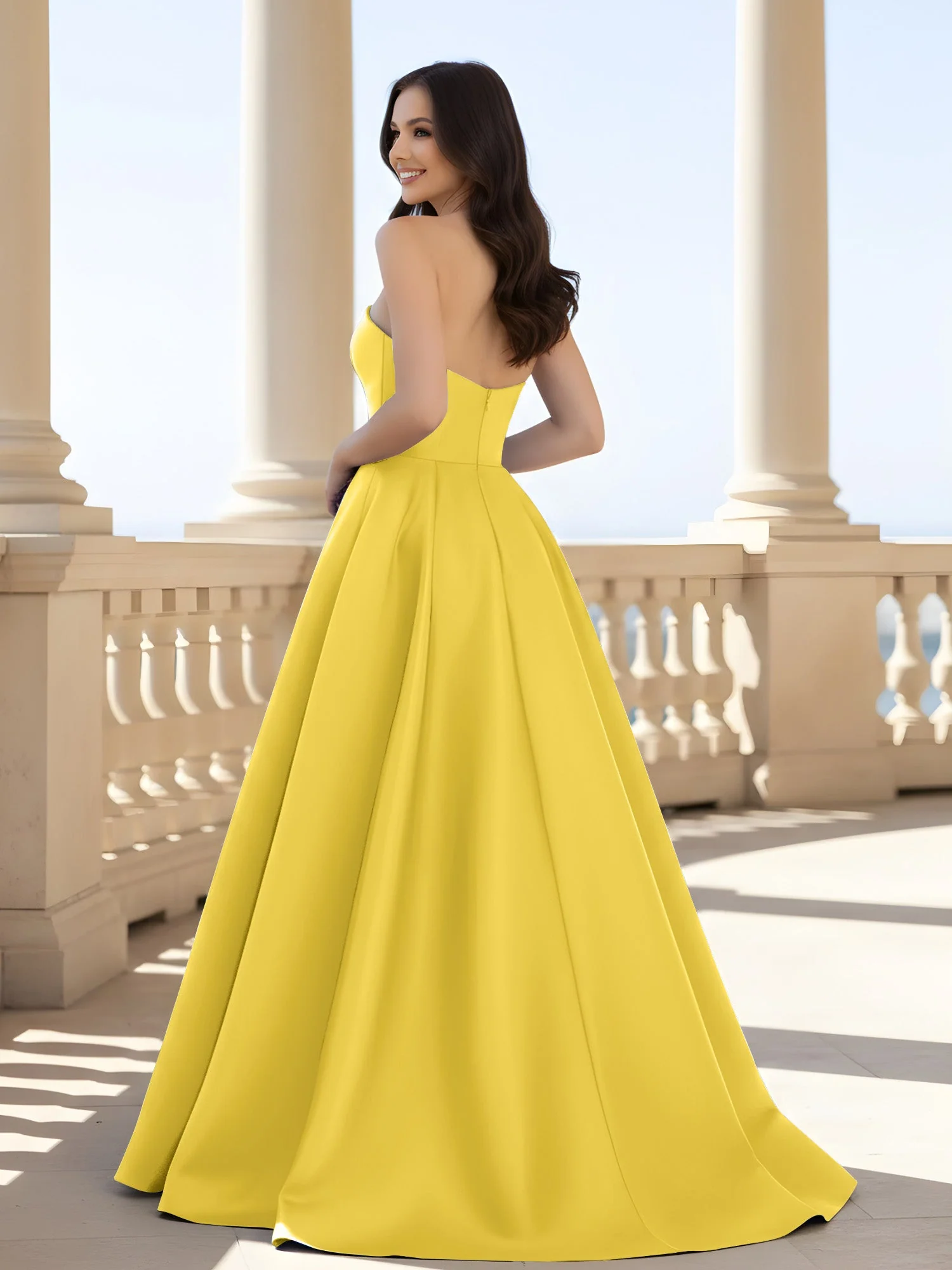 Plissee Trägerlos A-Linie Lang Kleid mit Schlitz Ringelblume - Image 2