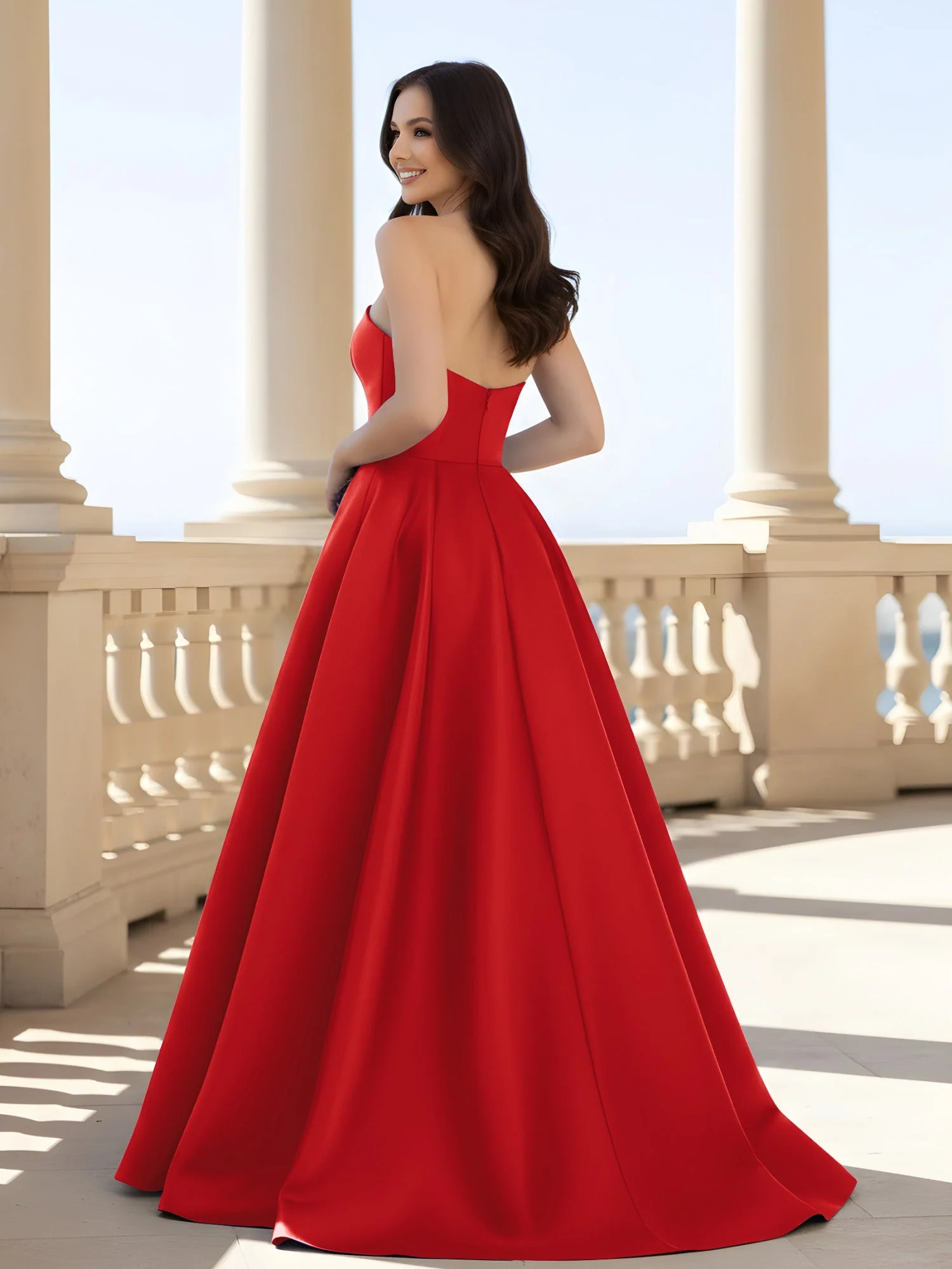 Plissee Trägerlos A-Linie Lang Kleid mit Schlitz Rot - Image 2
