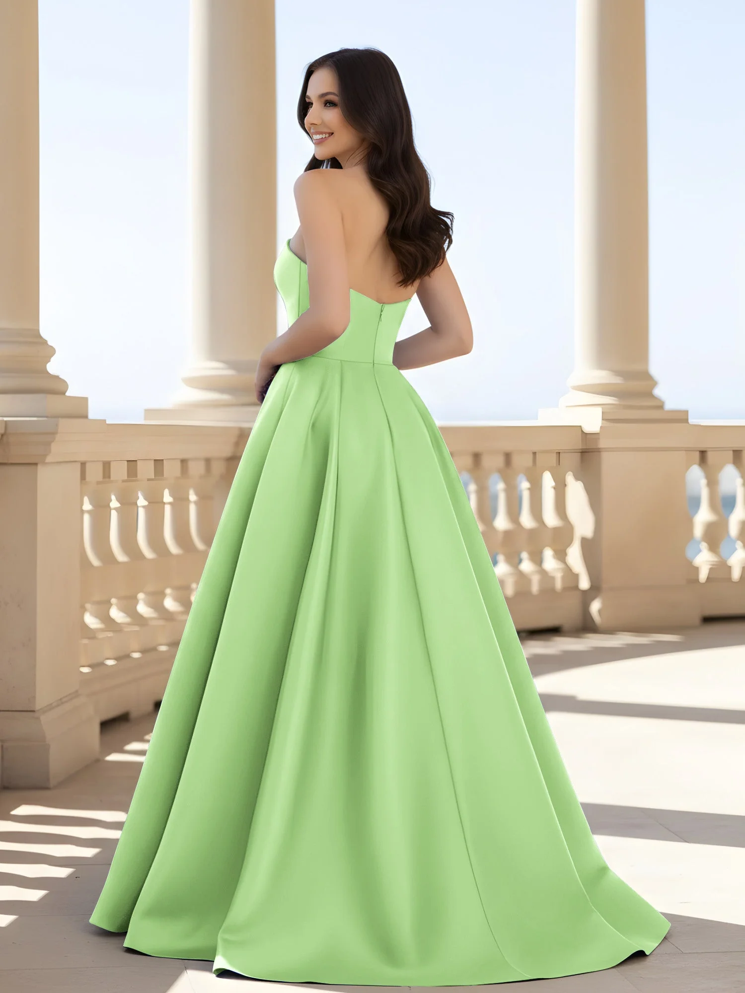 Plissee Trägerlos A-Linie Lang Kleid mit Schlitz Salbei - Image 2