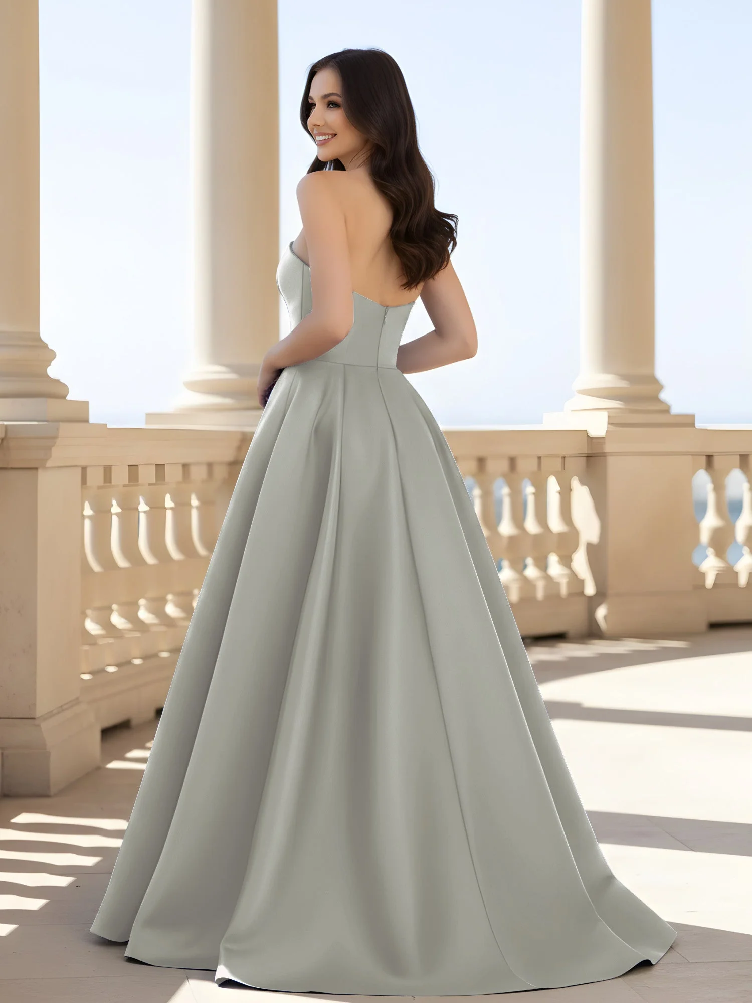 Plissee Trägerlos A-Linie Lang Kleid mit Schlitz Silber - Image 2
