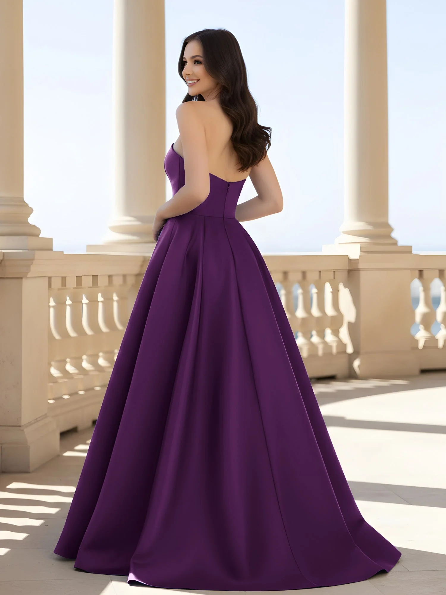 Plissee Trägerlos A-Linie Lang Kleid mit Schlitz Traube - Image 2
