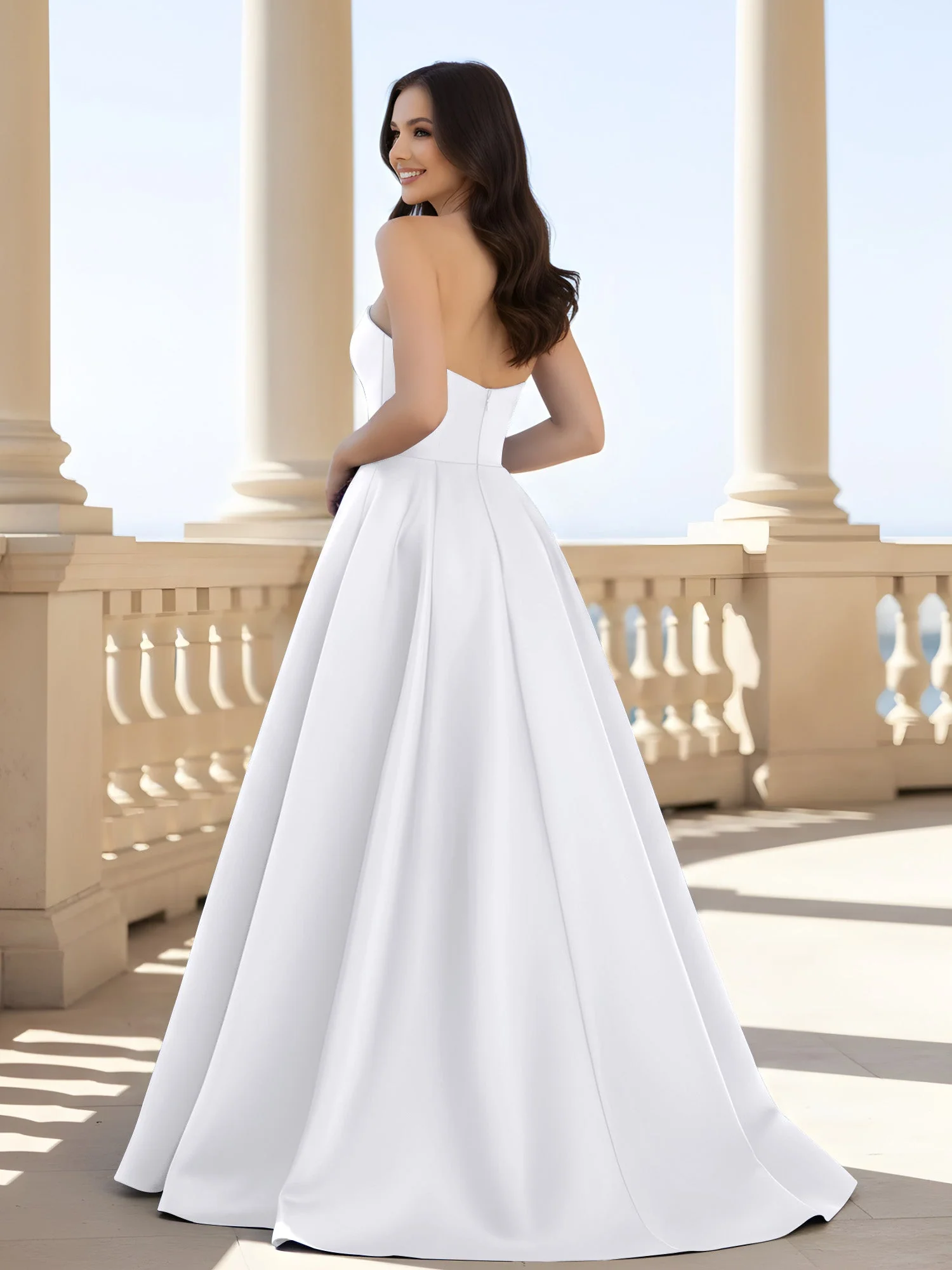 Plissee Trägerlos A-Linie Lang Kleid mit Schlitz Weiß - Image 2