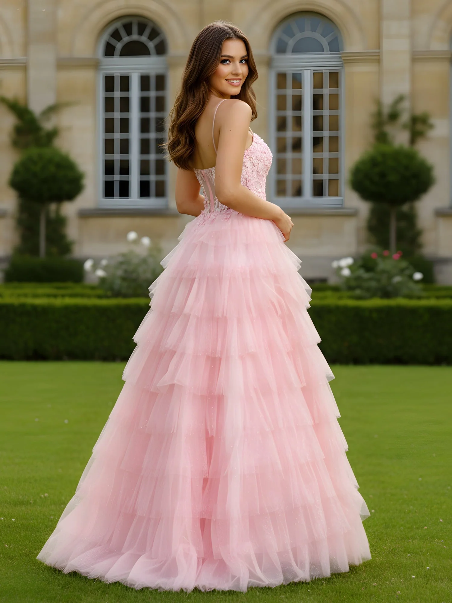 Spitze Herzform Ausschnitt Stufen Tüll Kleid mit Schlitz Zartrosa - Image 2