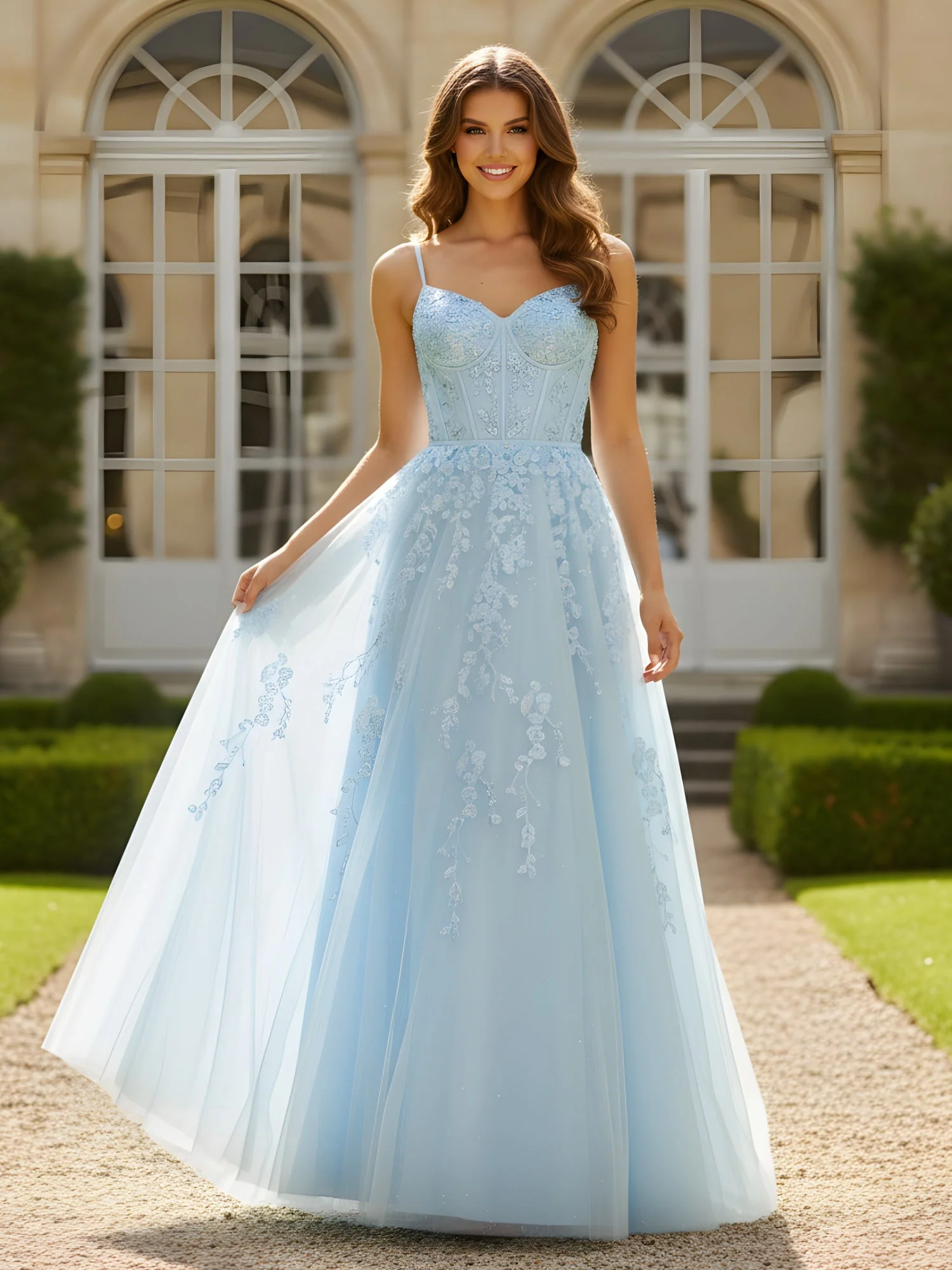 A-Linie Herzform Korsett Applique Tüll Kleid Himmelblau