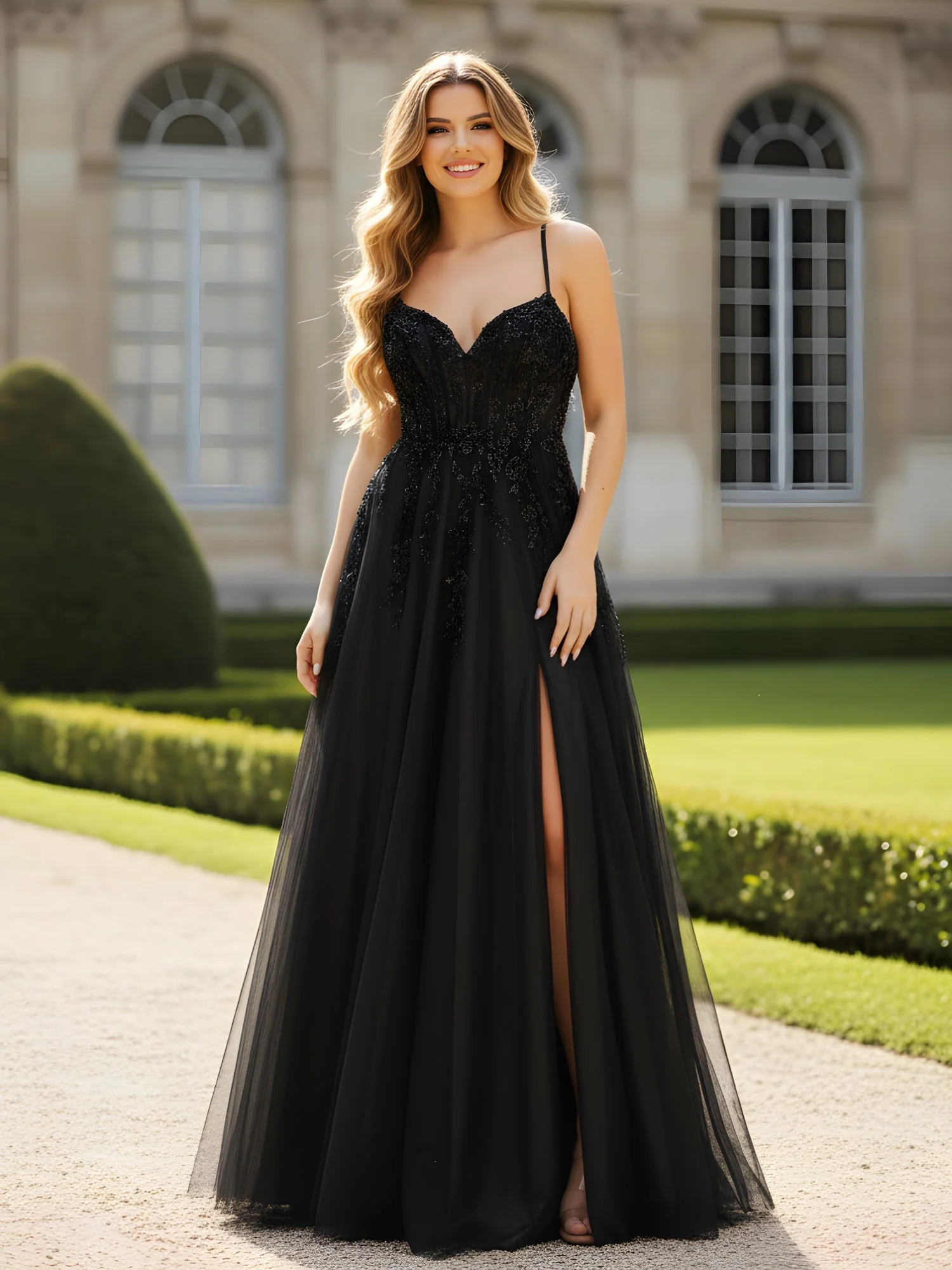 V-Ausschnitt Applique Korsett Tüll A-Linie Kleid mit Schlitz Schwarz