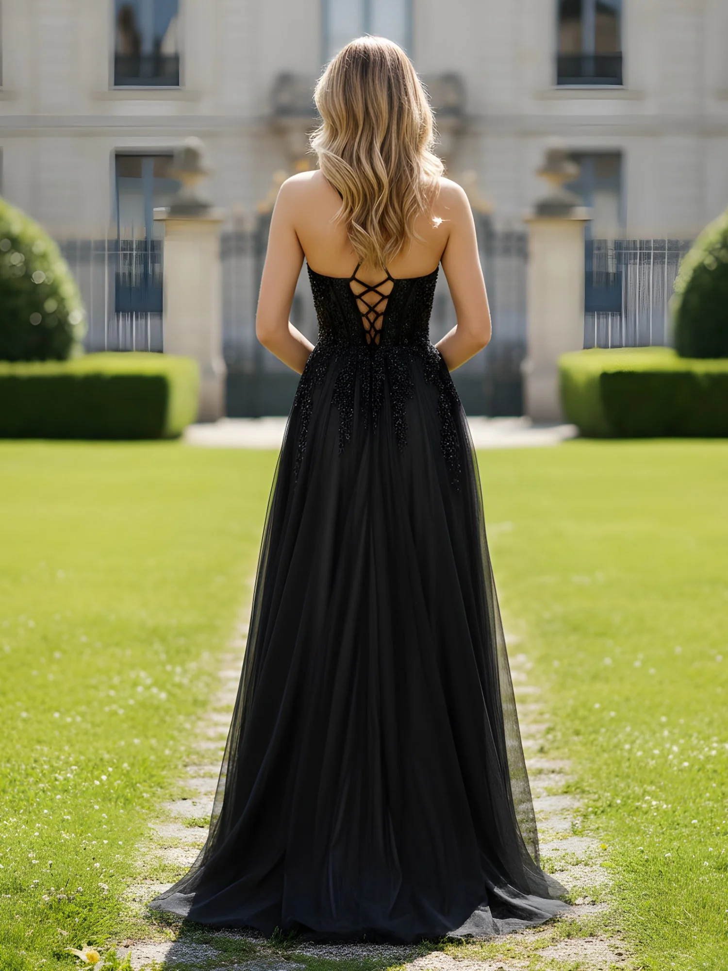 V-Ausschnitt Applique Korsett Tüll A-Linie Kleid mit Schlitz Schwarz - Image 2