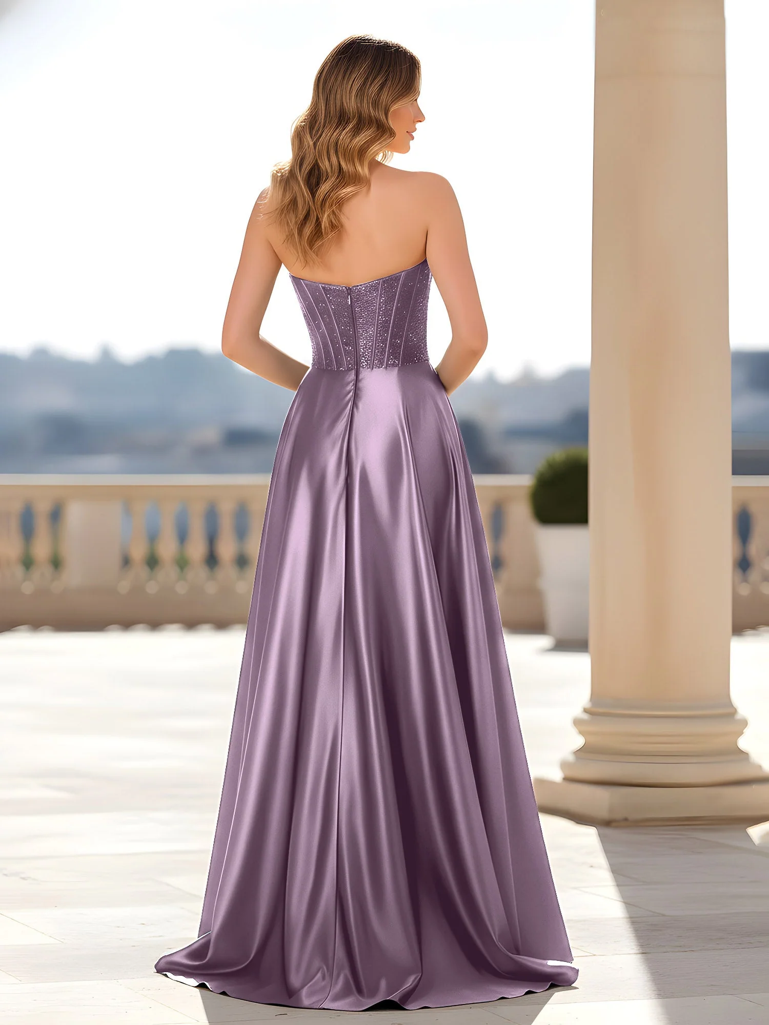 Trägerlos Satin Kleid mit Korsett Oberteil Blauregen - Image 2