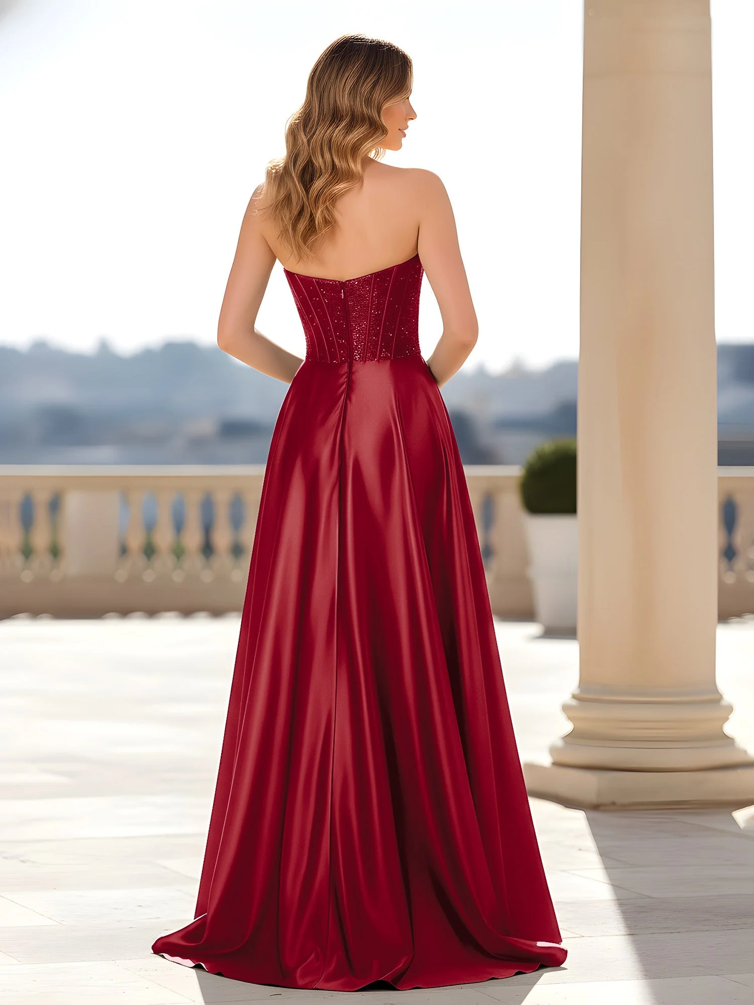 Trägerlos Satin Kleid mit Korsett Oberteil Burgunderrot - Image 2