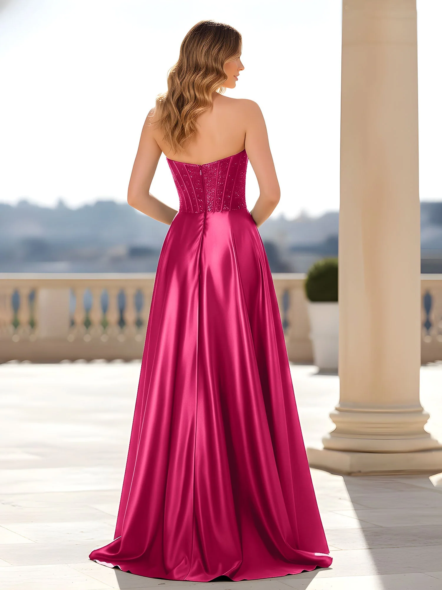 Trägerlos Satin Kleid mit Korsett Oberteil Fuchsia - Image 2