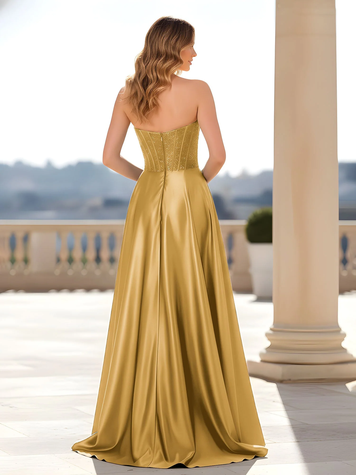 Trägerlos Satin Kleid mit Korsett Oberteil Gold - Image 2
