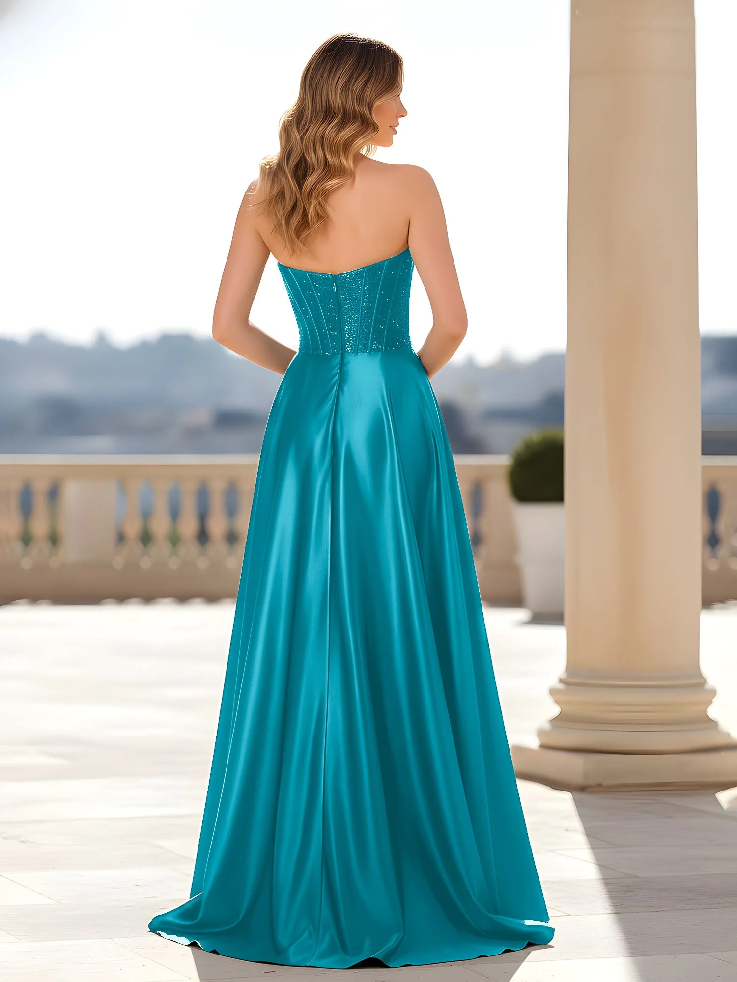 Trägerlos Satin Kleid mit Korsett Oberteil Jade - Image 2