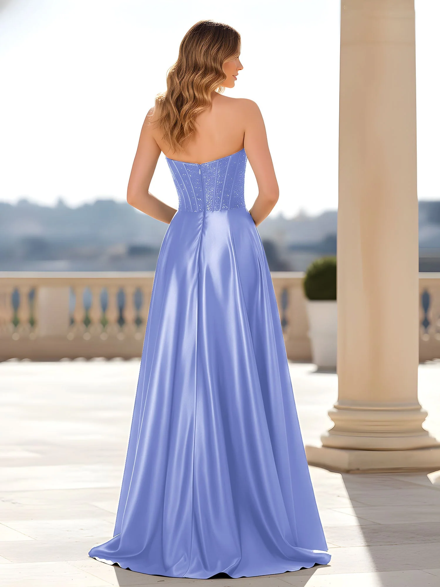 Trägerlos Satin Kleid mit Korsett Oberteil Lavendel - Image 2
