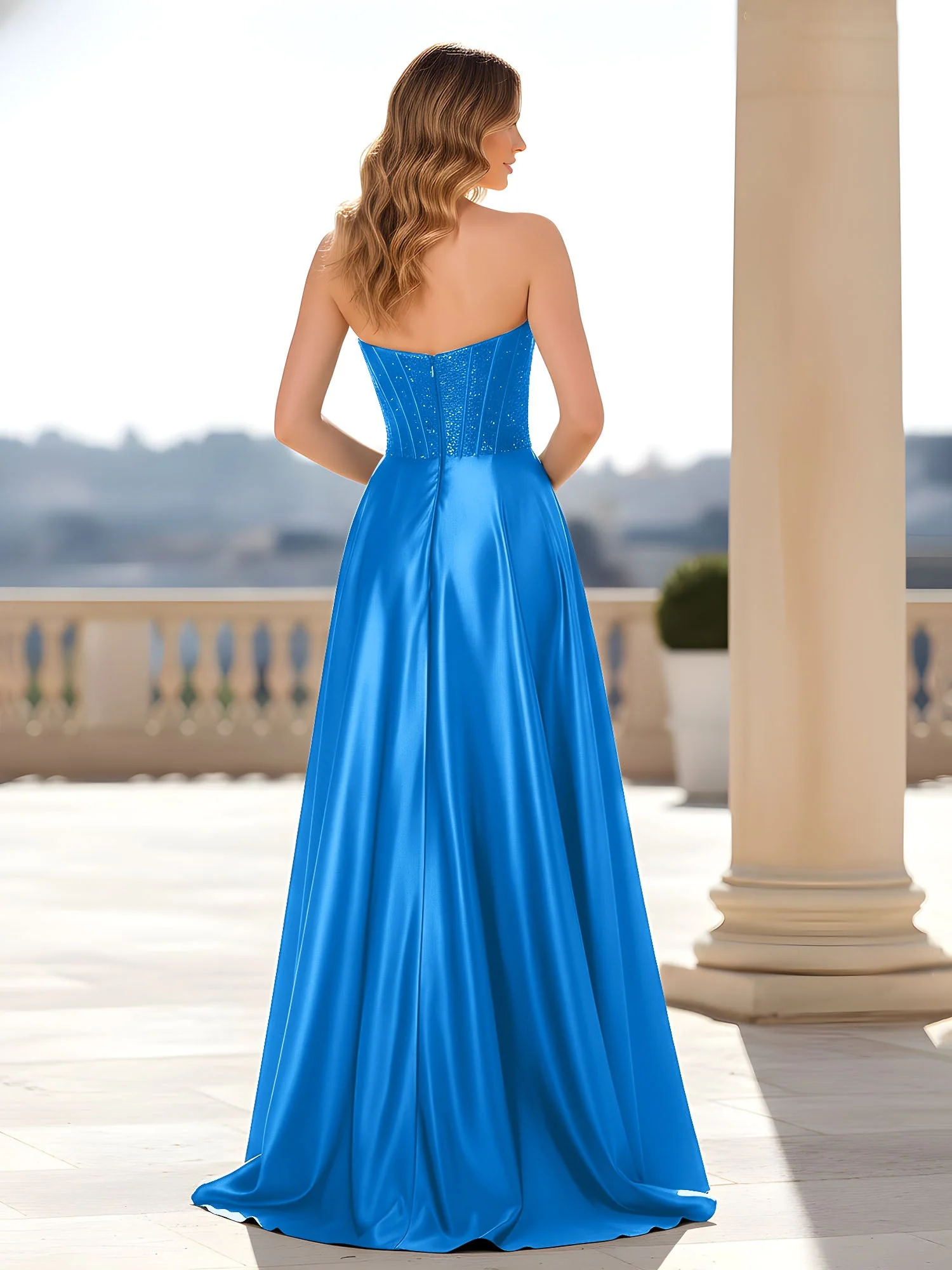 Trägerlos Satin Kleid mit Korsett Oberteil Meerblau - Image 2