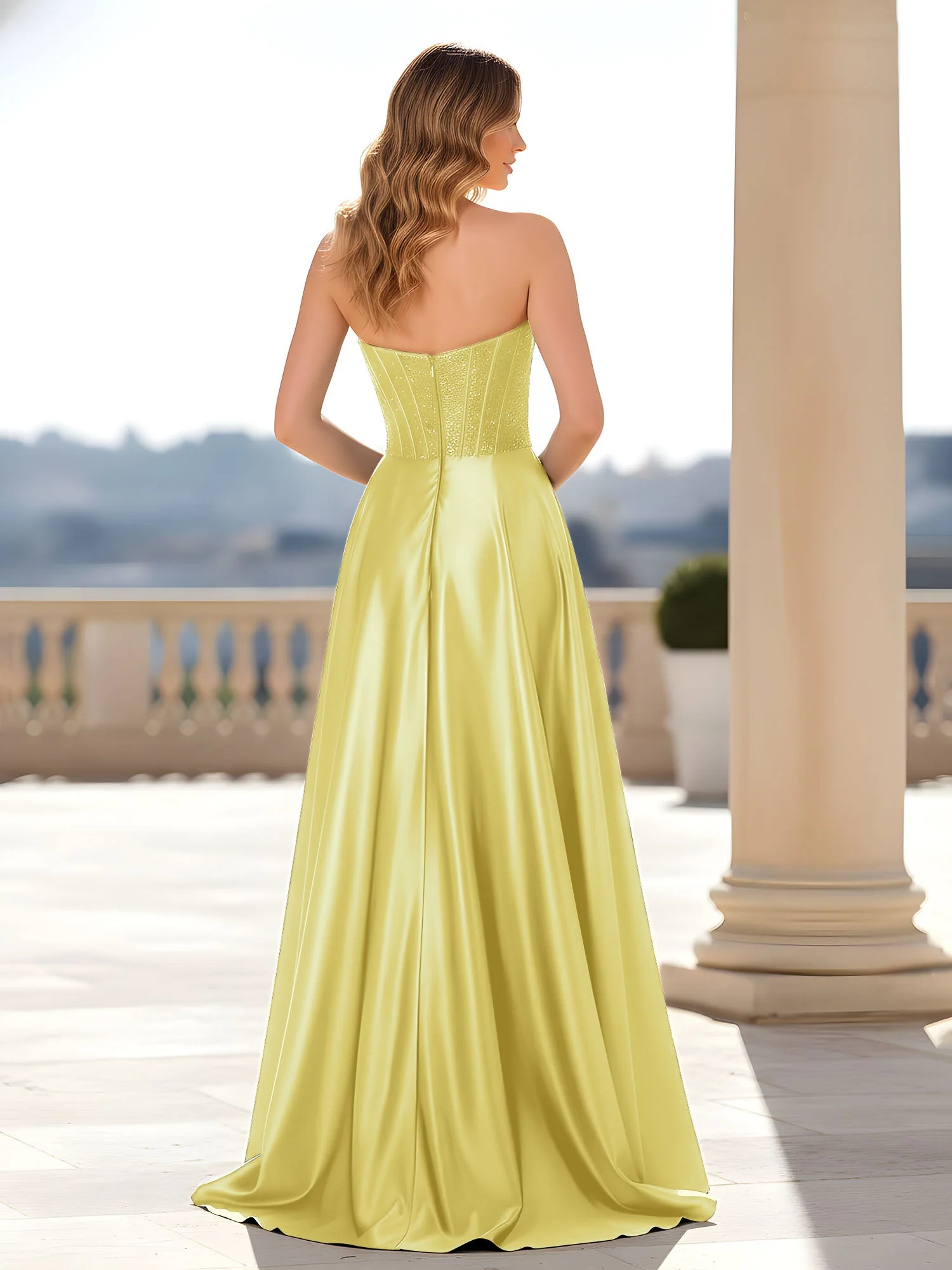 Trägerlos Satin Kleid mit Korsett Oberteil Narzisse - Image 2