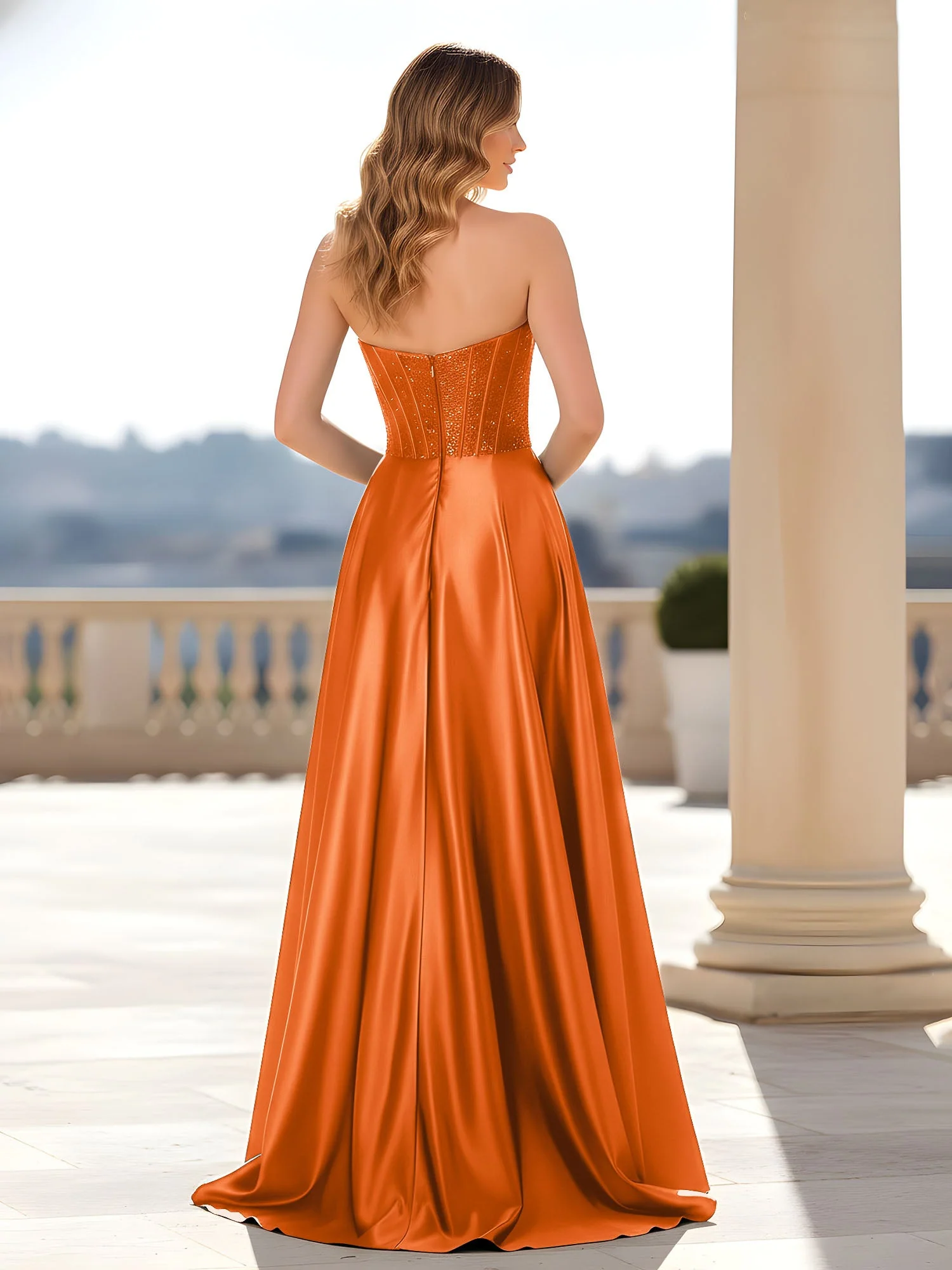 Trägerlos Satin Kleid mit Korsett Oberteil Orange - Image 2