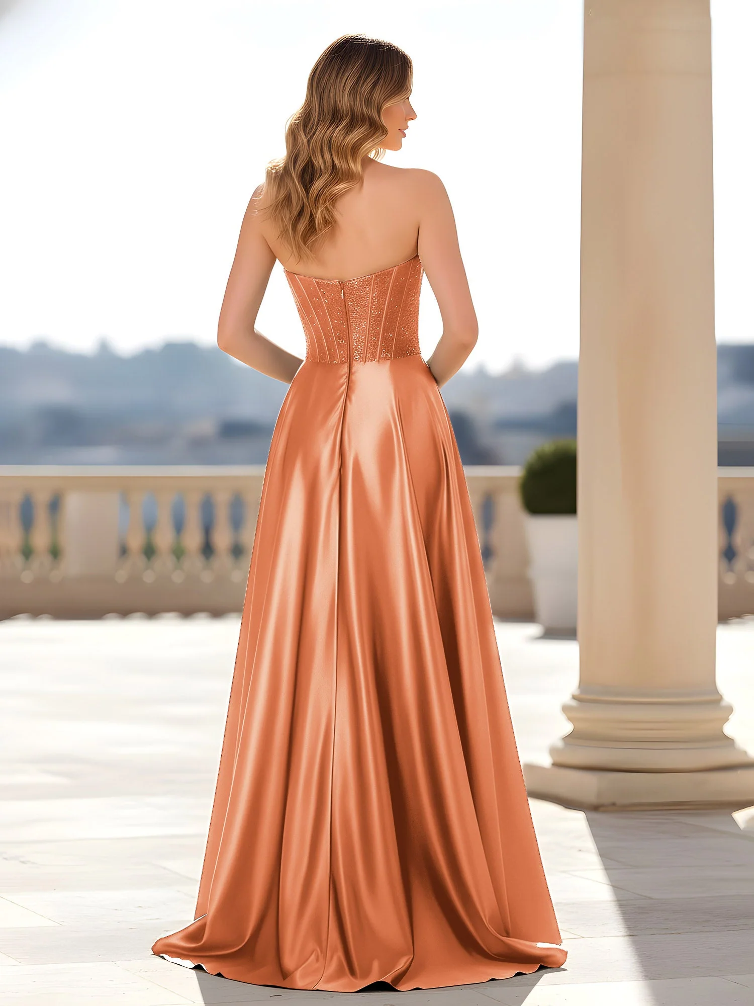 Trägerlos Satin Kleid mit Korsett Oberteil Papaya - Image 2