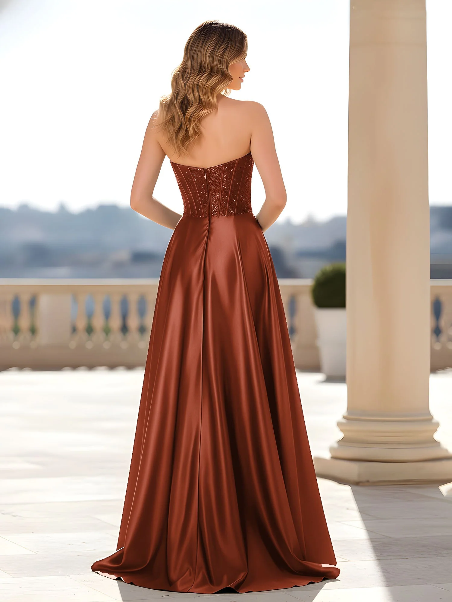 Trägerlos Satin Kleid mit Korsett Oberteil Rost - Image 2