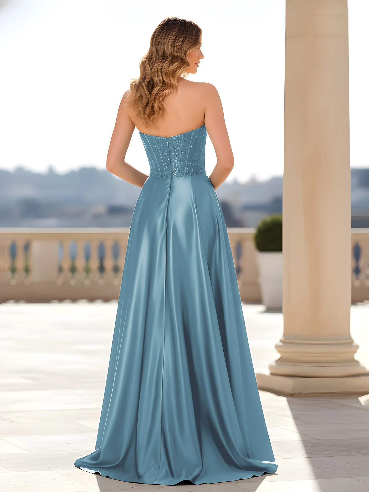 Trägerlos Satin Kleid mit Korsett Oberteil Schiefer Blau - Image 2