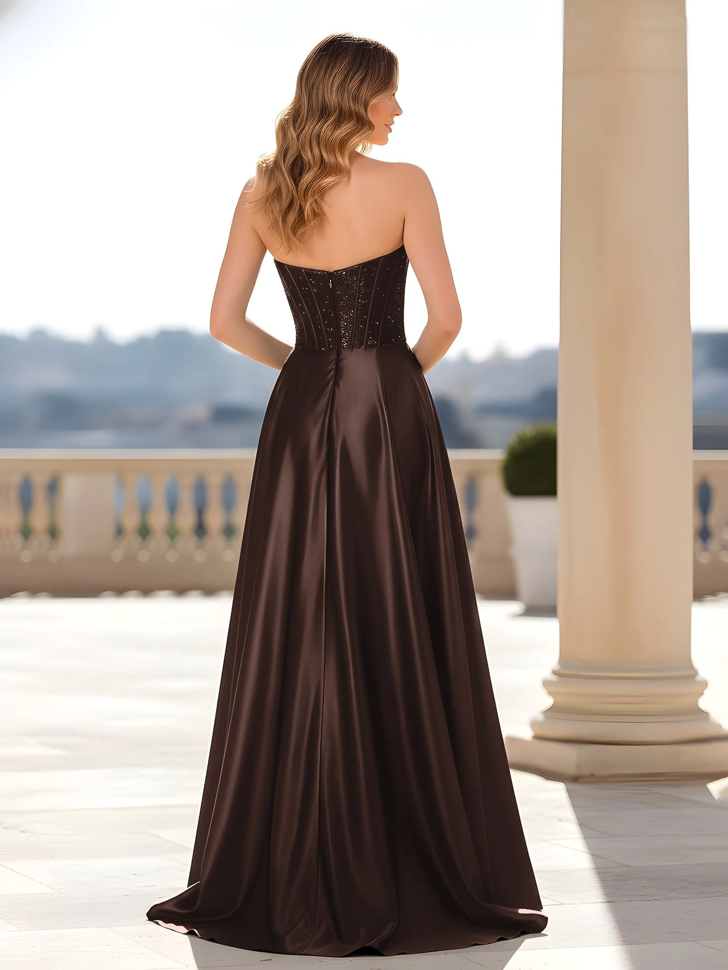 Trägerlos Satin Kleid mit Korsett Oberteil Schokolade - Image 2
