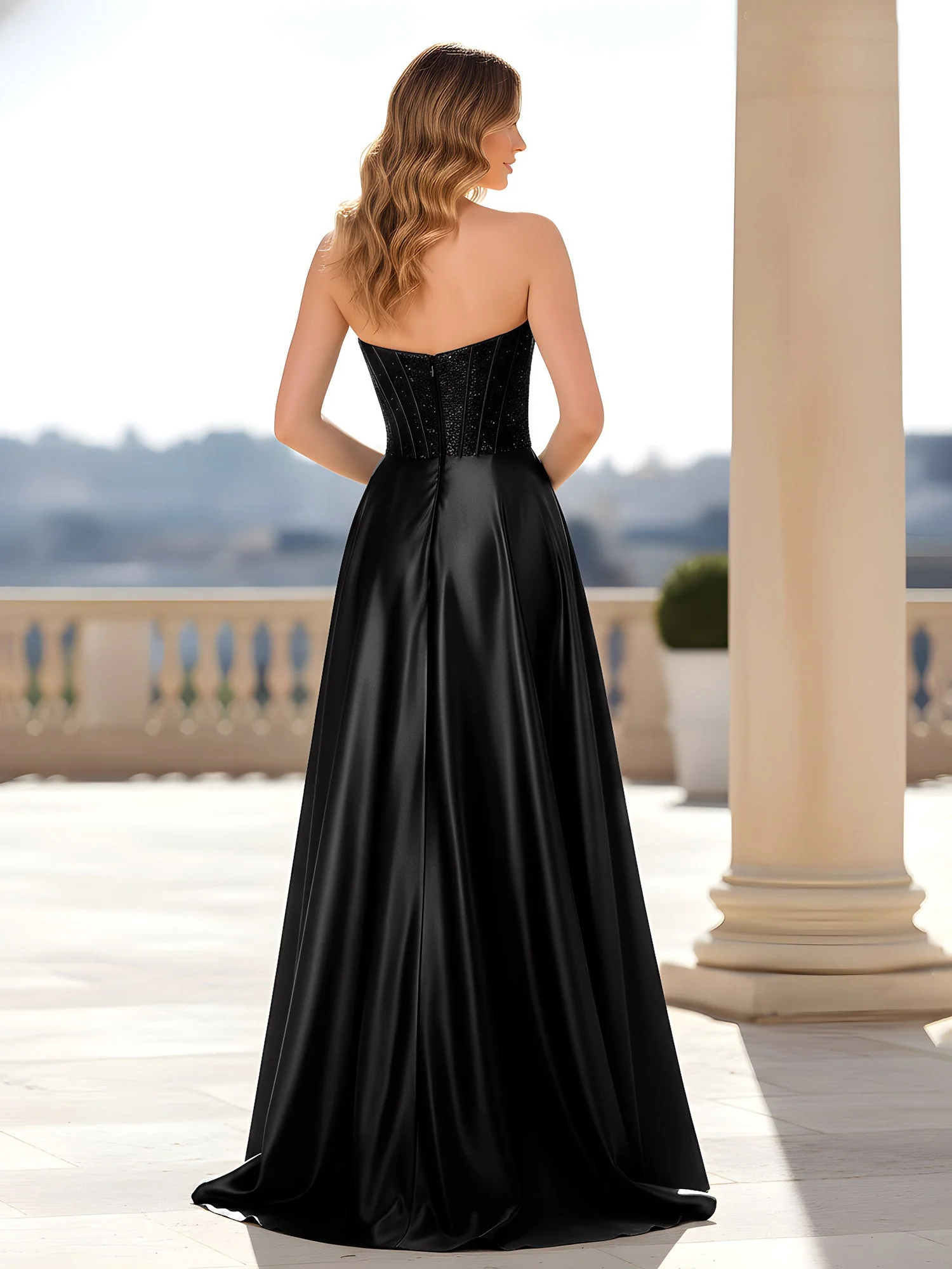 Trägerlos Satin Kleid mit Korsett Oberteil Schwarz - Image 2