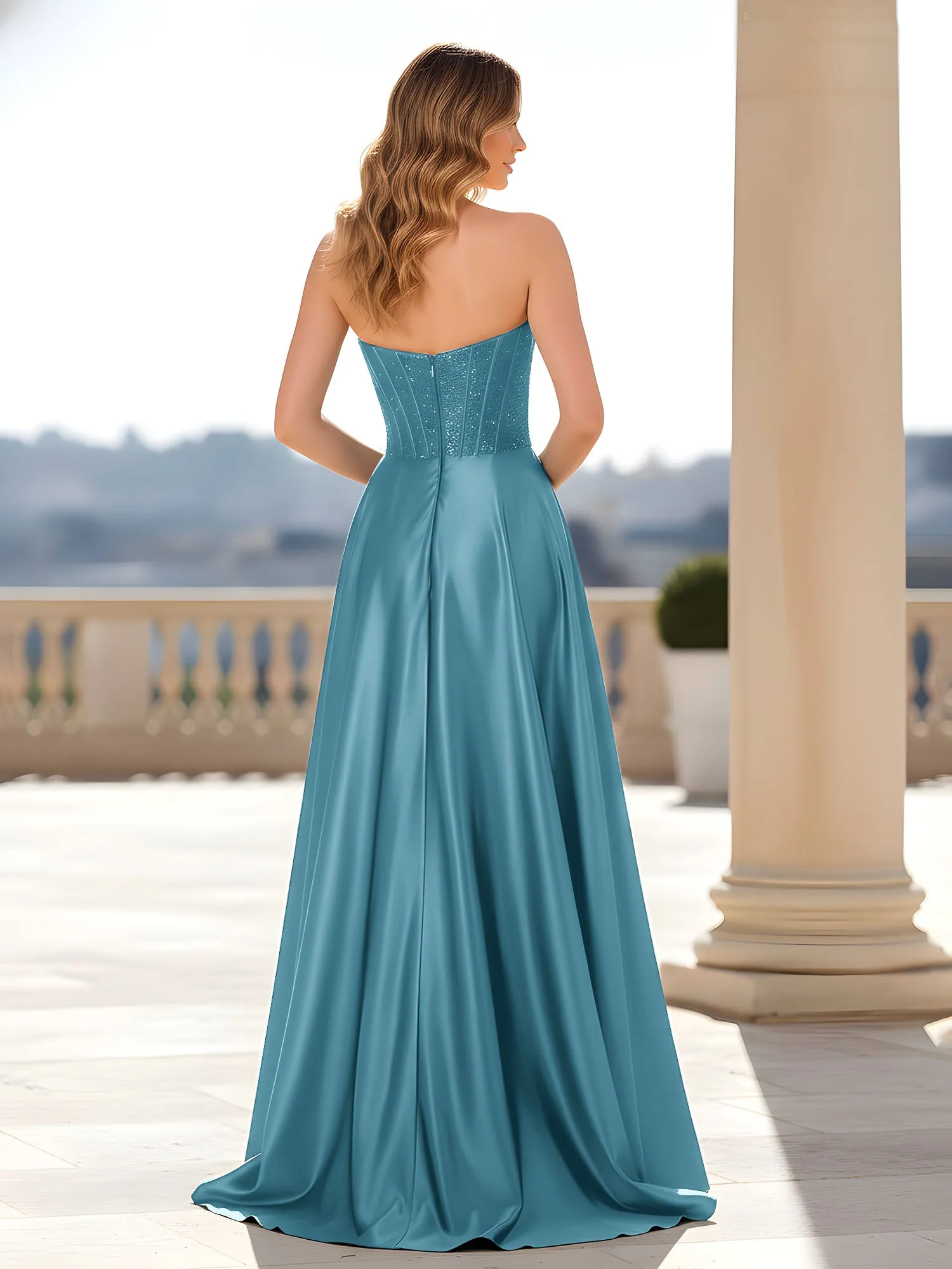 Trägerlos Satin Kleid mit Korsett Oberteil Schwimmbadblau - Image 2
