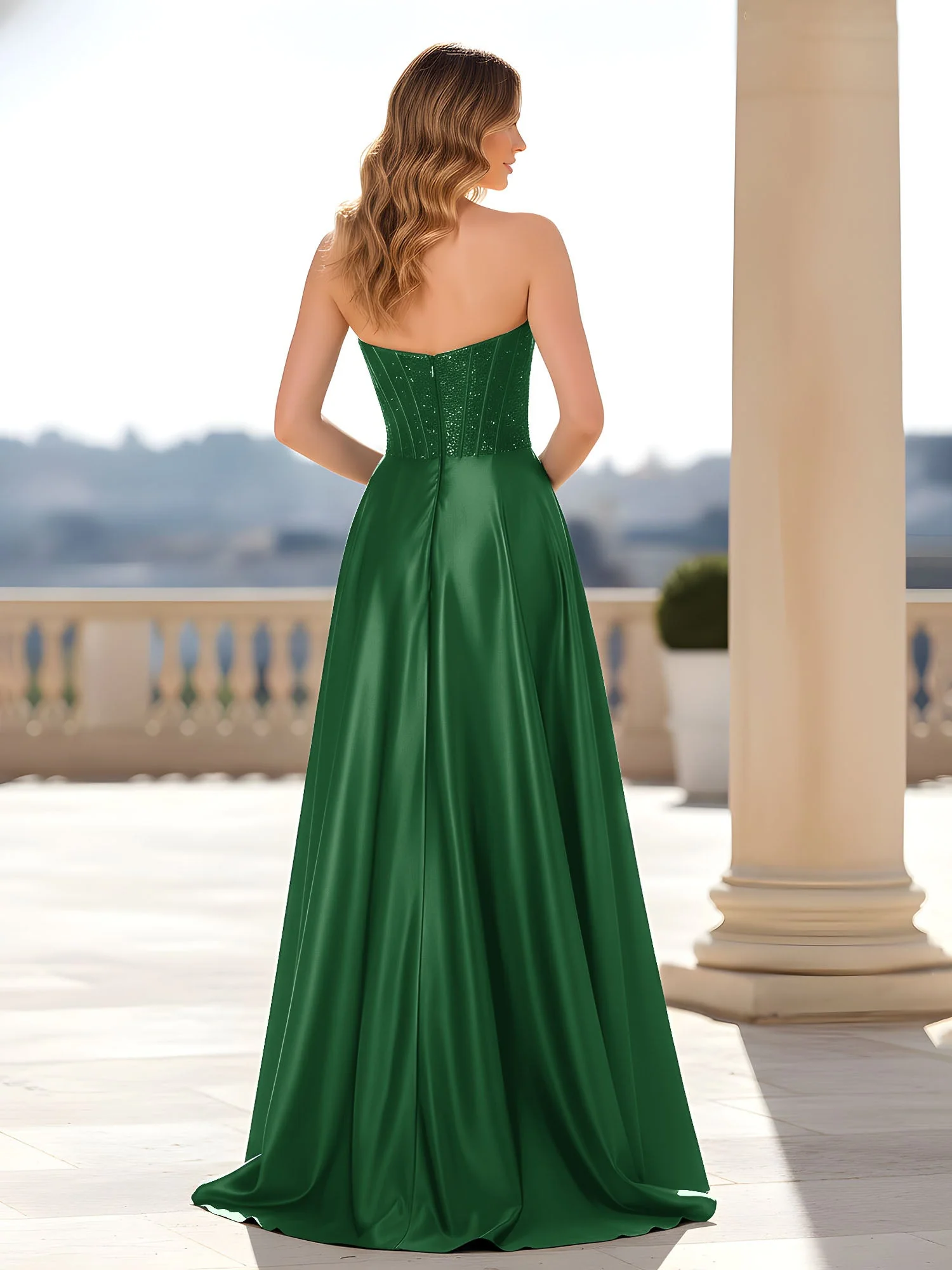 Trägerlos Satin Kleid mit Korsett Oberteil Smaragd - Image 2