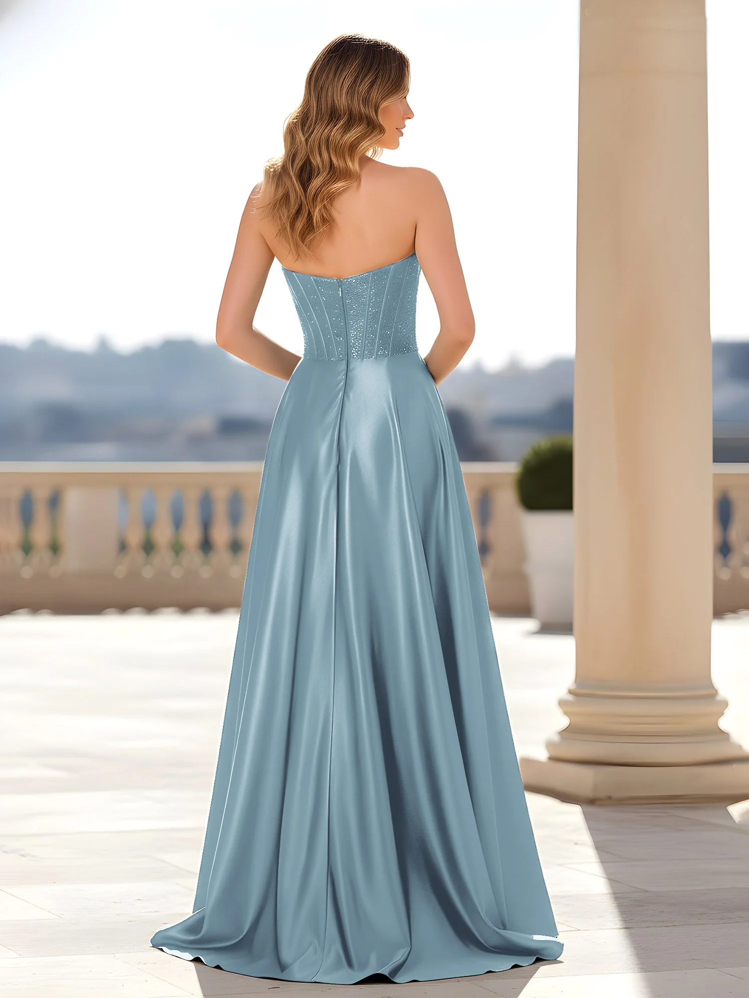Trägerlos Satin Kleid mit Korsett Oberteil Staubiges Blau - Image 2
