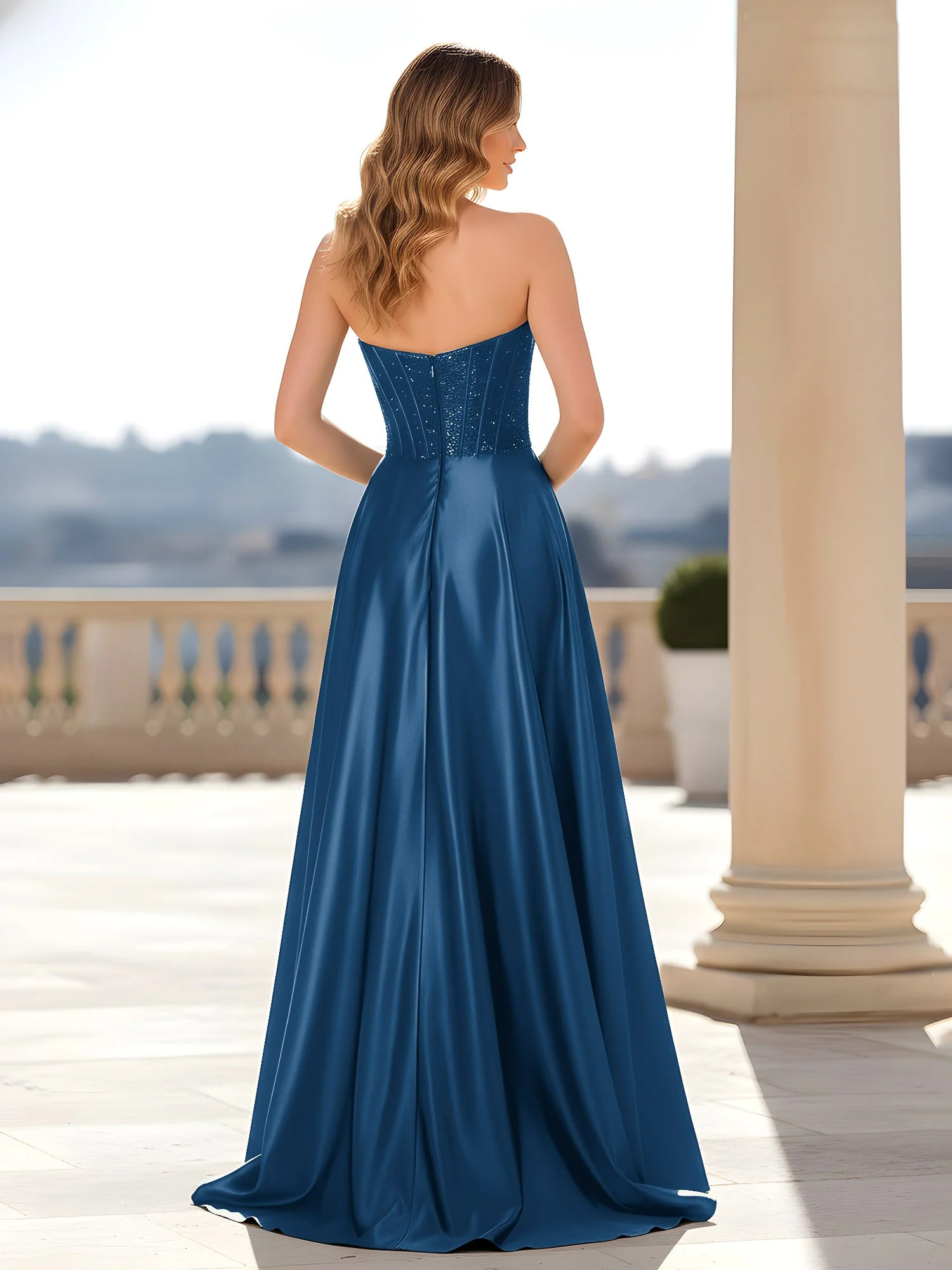 Trägerlos Satin Kleid mit Korsett Oberteil Tinte Blau - Image 2