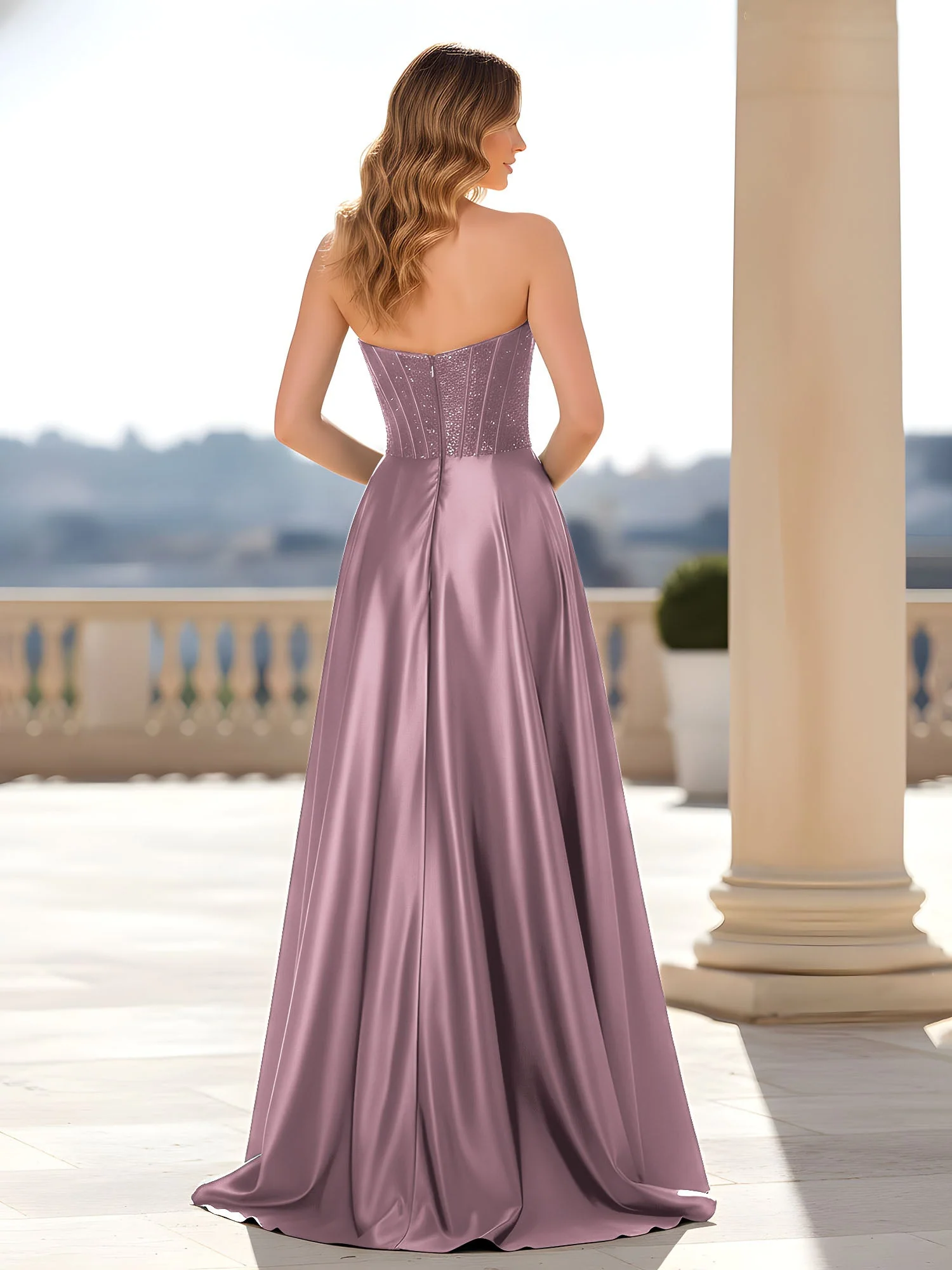 Trägerlos Satin Kleid mit Korsett Oberteil Vintage Mauve - Image 2
