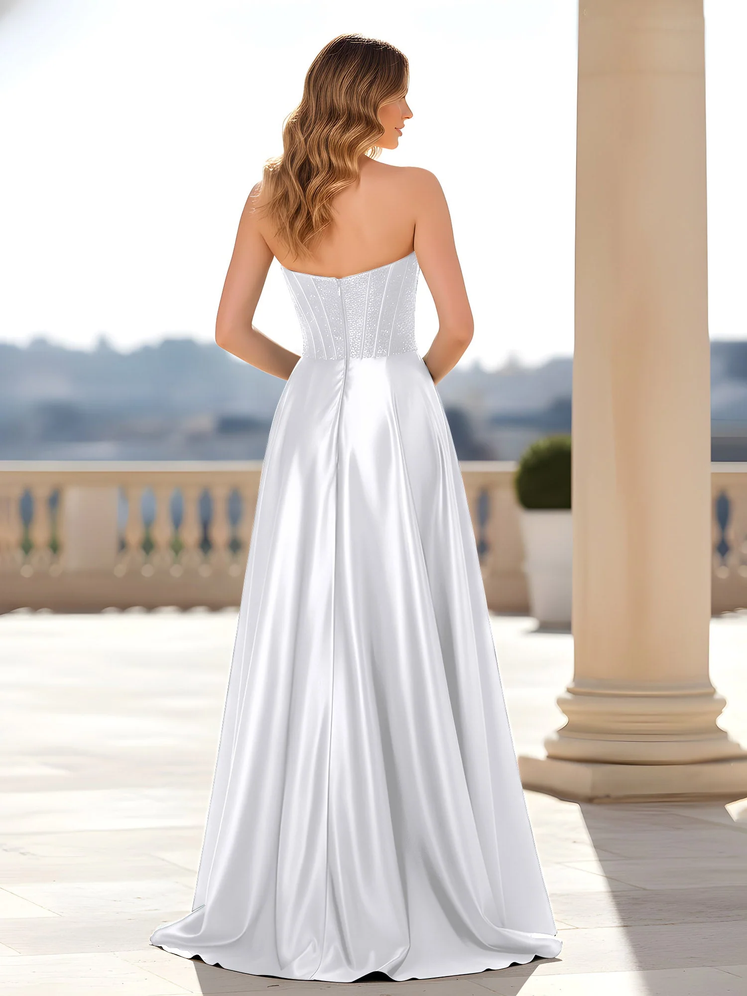 Trägerlos Satin Kleid mit Korsett Oberteil Weiß - Image 2