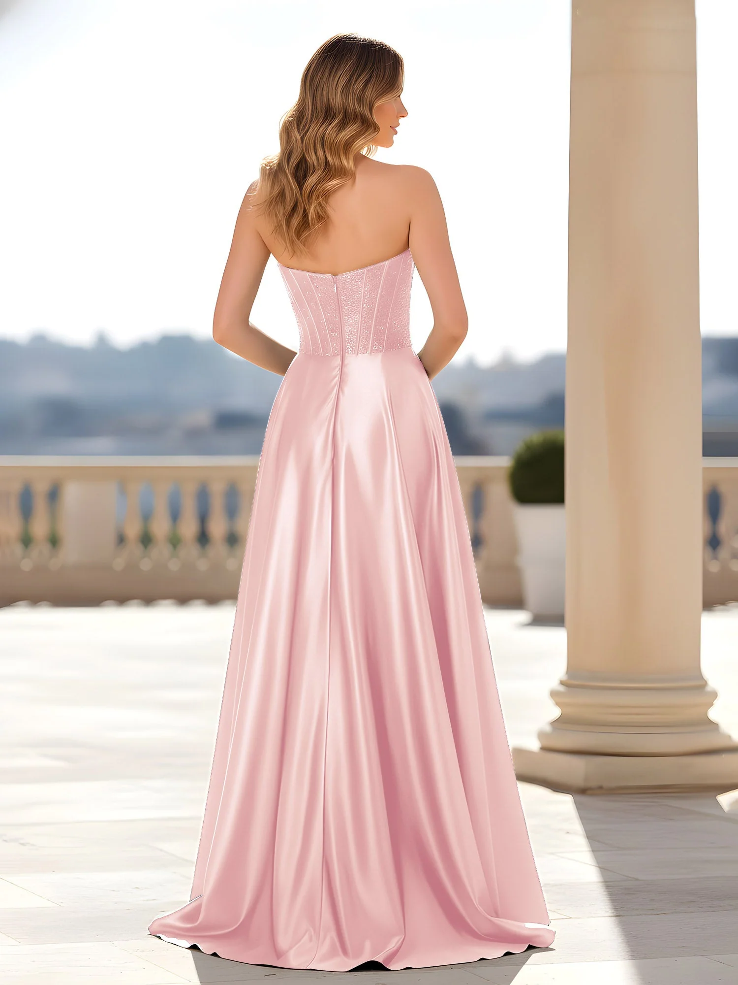 Trägerlos Satin Kleid mit Korsett Oberteil Zartrosa - Image 2