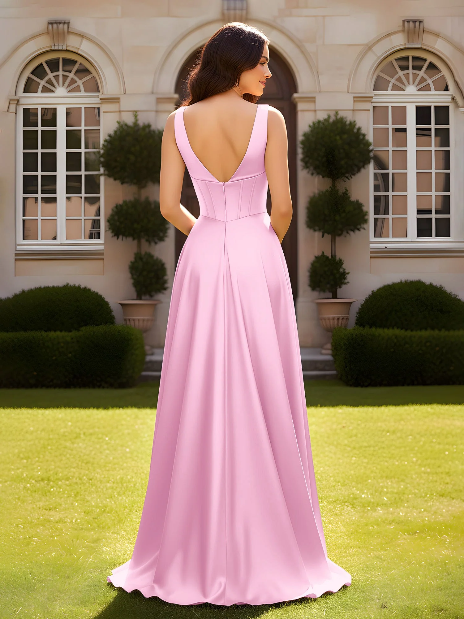 Ärmellos A-Linie Abendkleid mit niedrigem V-Rücken Bonbonrosa - Image 2